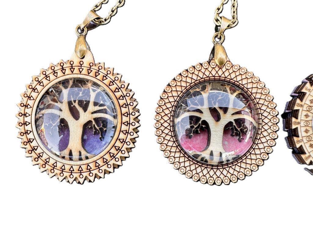 Tree of Life Wooden Pendant - Glow in the Dark Starry Background