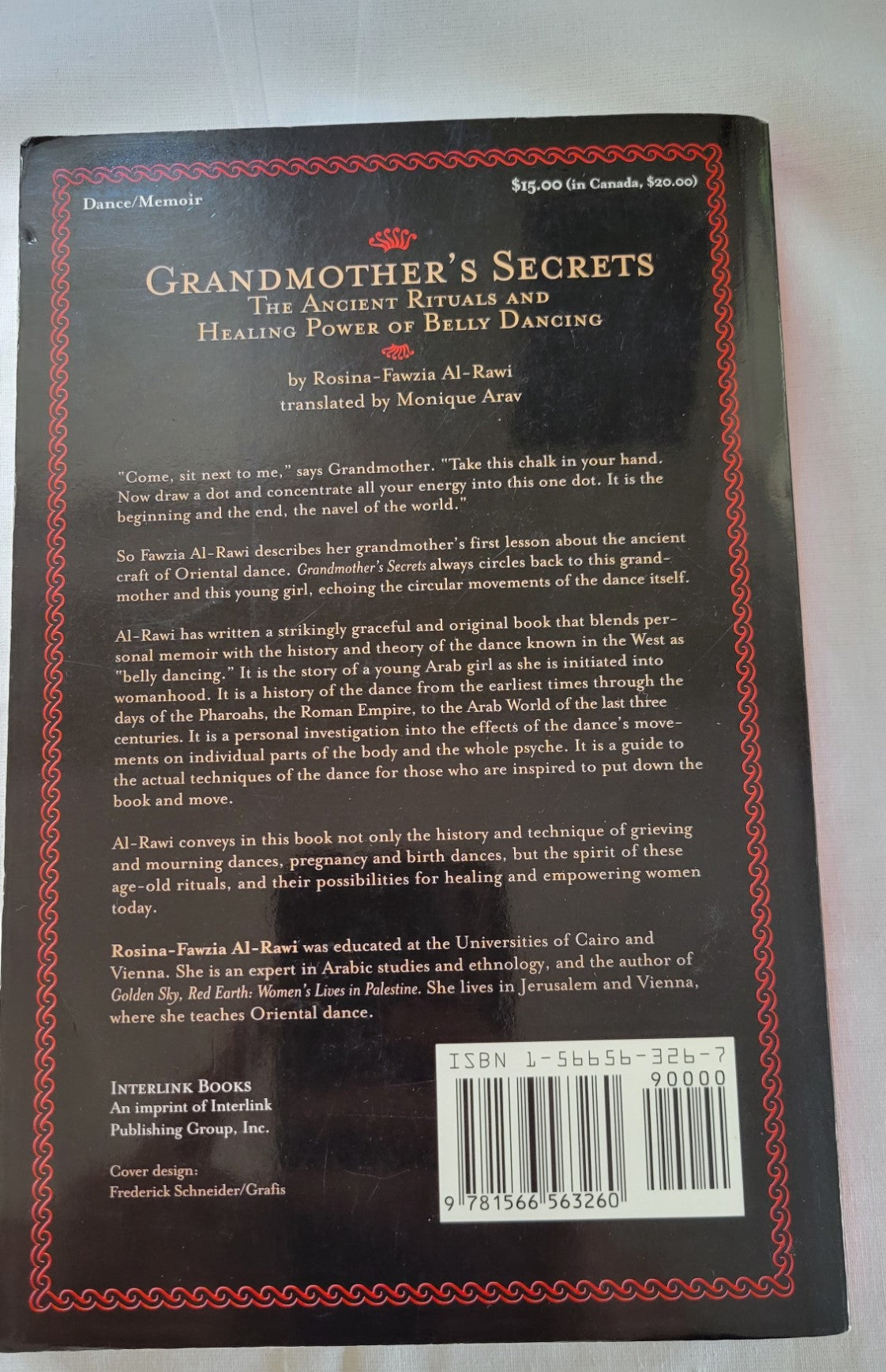 Used book for sale “Grandmother's Secrets: The Ancient Rituals and Healing Power of Belly Dancing” written by Rosina-Fawzia Al-Rawi, translated by Monique Arav. View of back cover.