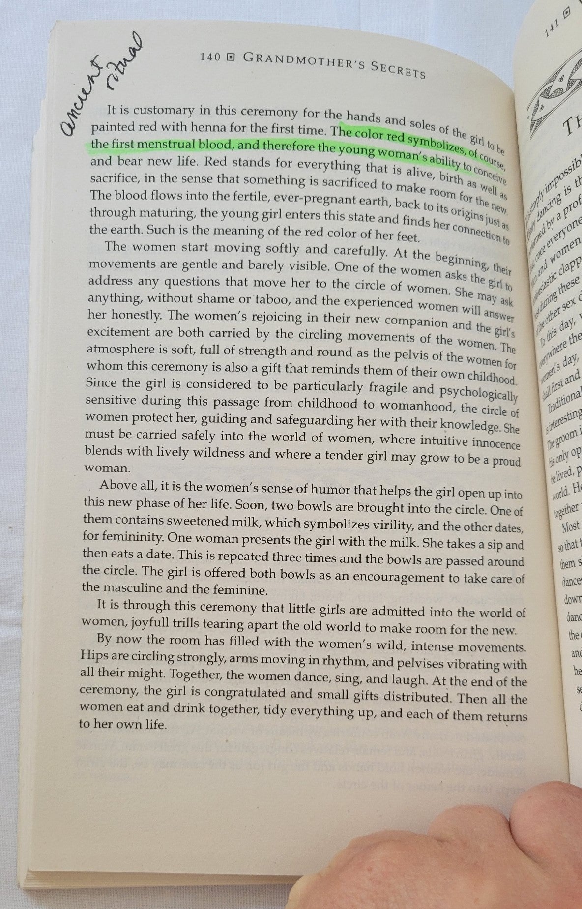 Used book for sale “Grandmother's Secrets: The Ancient Rituals and Healing Power of Belly Dancing” written by Rosina-Fawzia Al-Rawi, translated by Monique Arav. View of page 140 with note and hightlight.