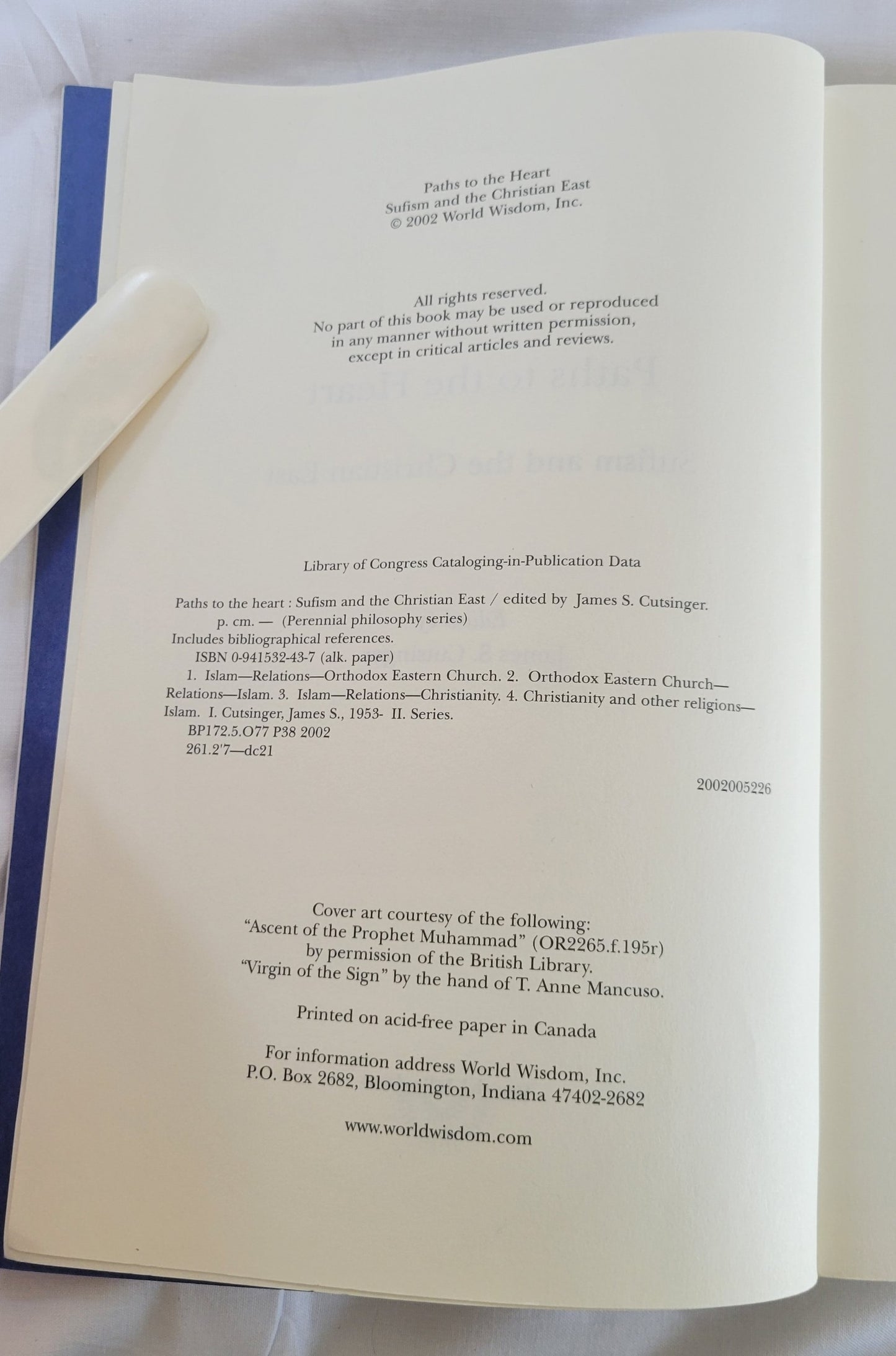 Used book for sale, " Paths to the Heart: Sufism and the Christian East” edited by James S. Cutsinger. View of copyright info.