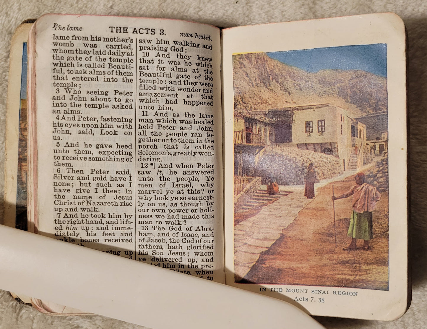 Antique book for sale, illustrated New Testament, 1918. View of inside page and colored illustration.