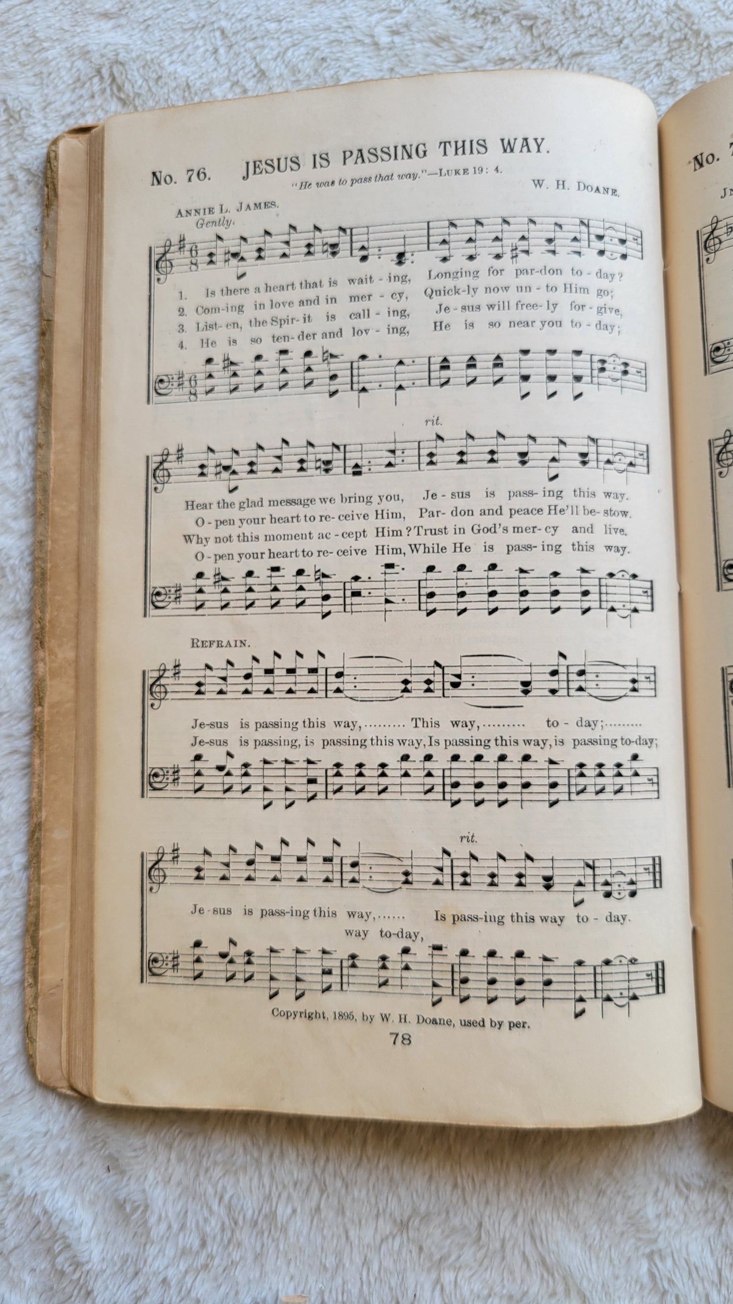 Antique book Crowning Day No. 5 is a Christian hymn book, copyrighted in 1902 by J. H. Hall, W. H. Ruebush, and J. H. Ruebush and published by the Ruebush-Kieffer Company, Dayton, Virginia. View of song no. 76 Jesus is Passing This Way.