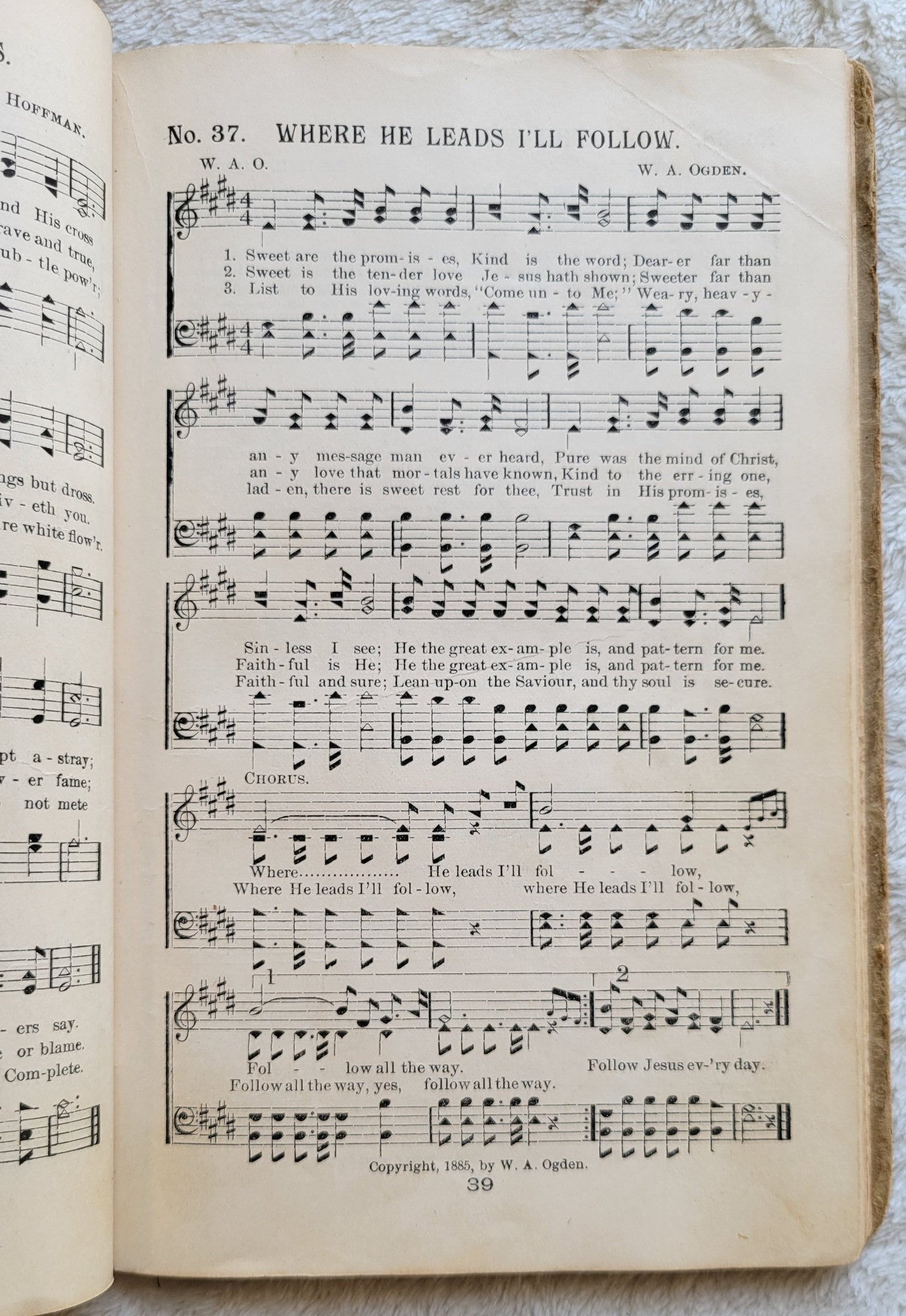 Antique book Crowning Day No. 5 is a Christian hymn book, copyrighted in 1902 by J. H. Hall, W. H. Ruebush, and J. H. Ruebush and published by the Ruebush-Kieffer Company, Dayton, Virginia. View of song no. 37 Where He Leads I'll Follow