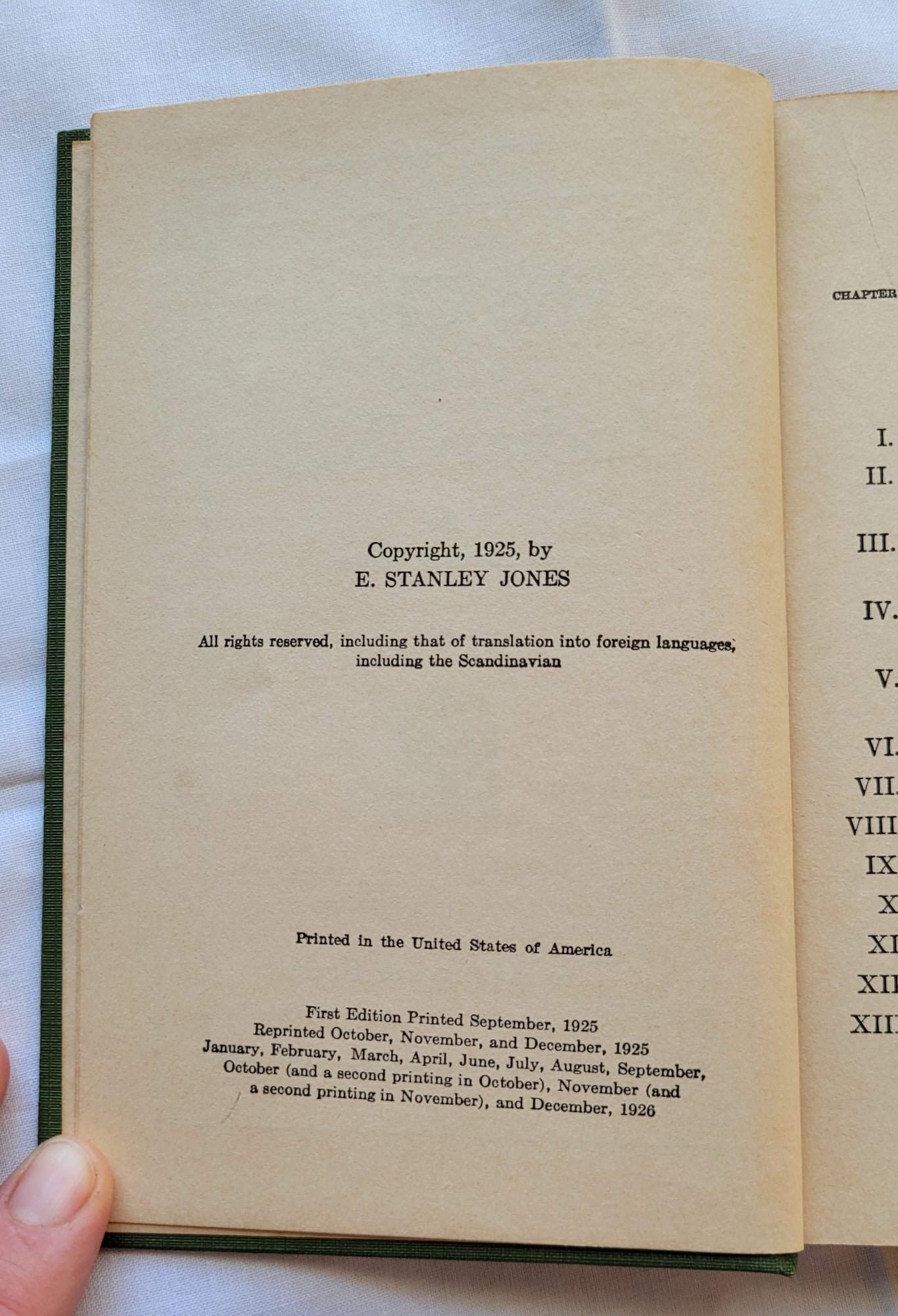 Antique book for sale "The Christ on Indian Road" by E. Stanley Jones, published by Abingdon Press, 1926. Copyright info.