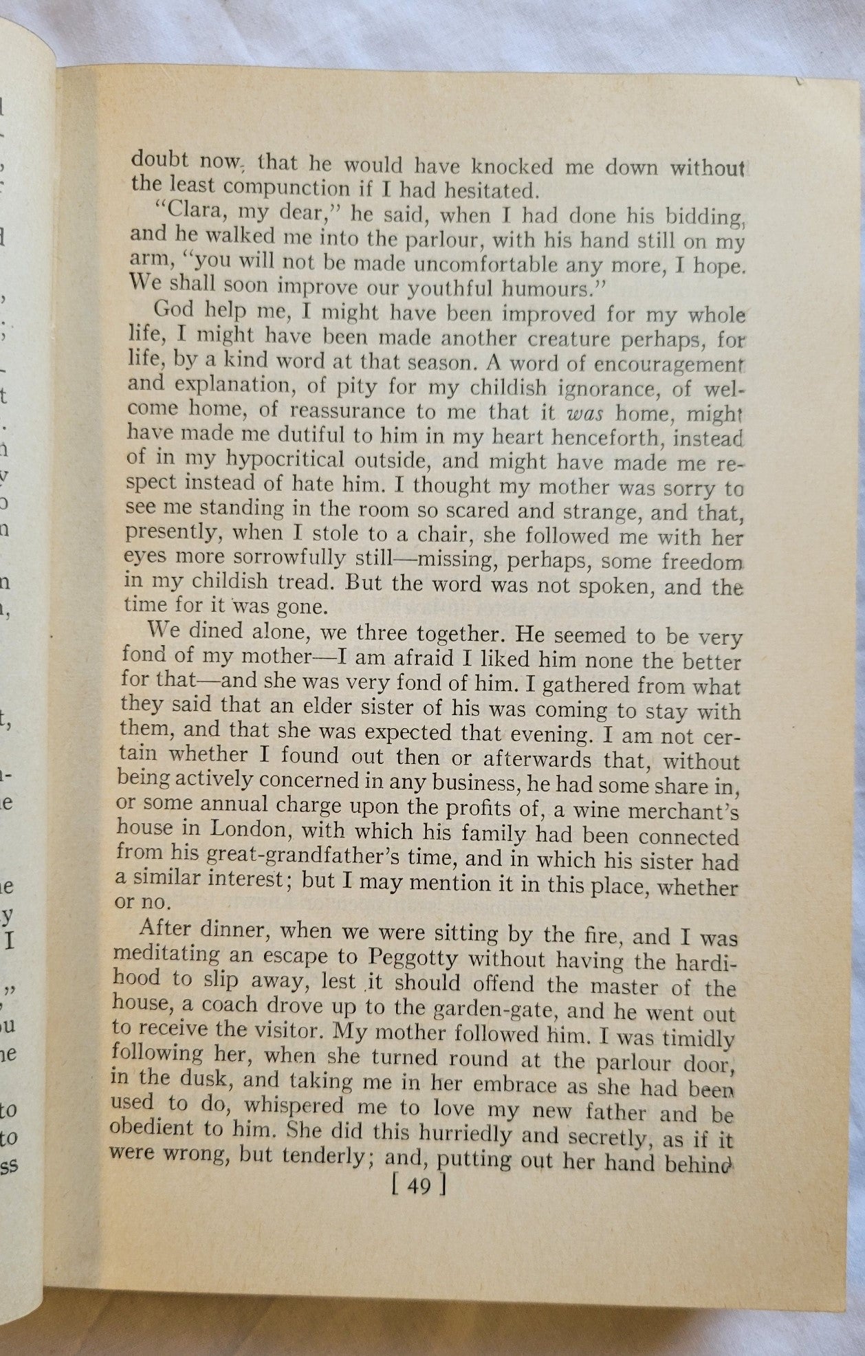 Vintage book "David Copperfield" by Charles Dickens, published by Random House, copyright 1950. View of page 49