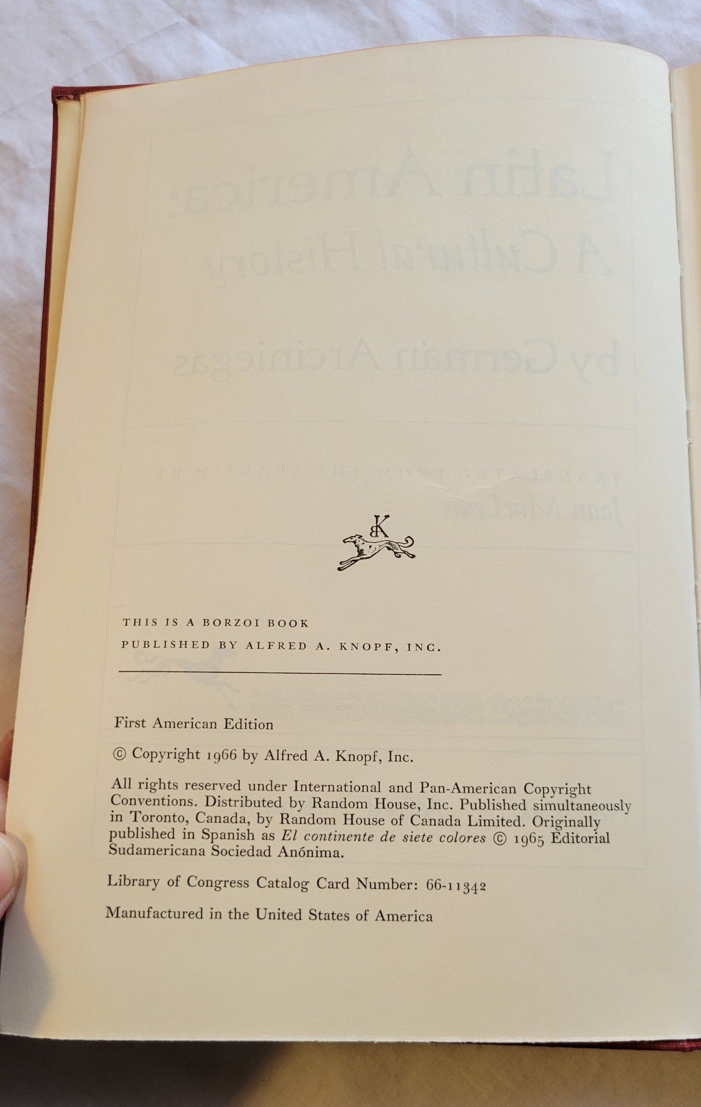 Vintage book for sale, “Latin America: A Cultural History, First American Edition” by German Arciniegas, published by Alfred A. Knopf, Inc., copyright 1966. View of copyright info.