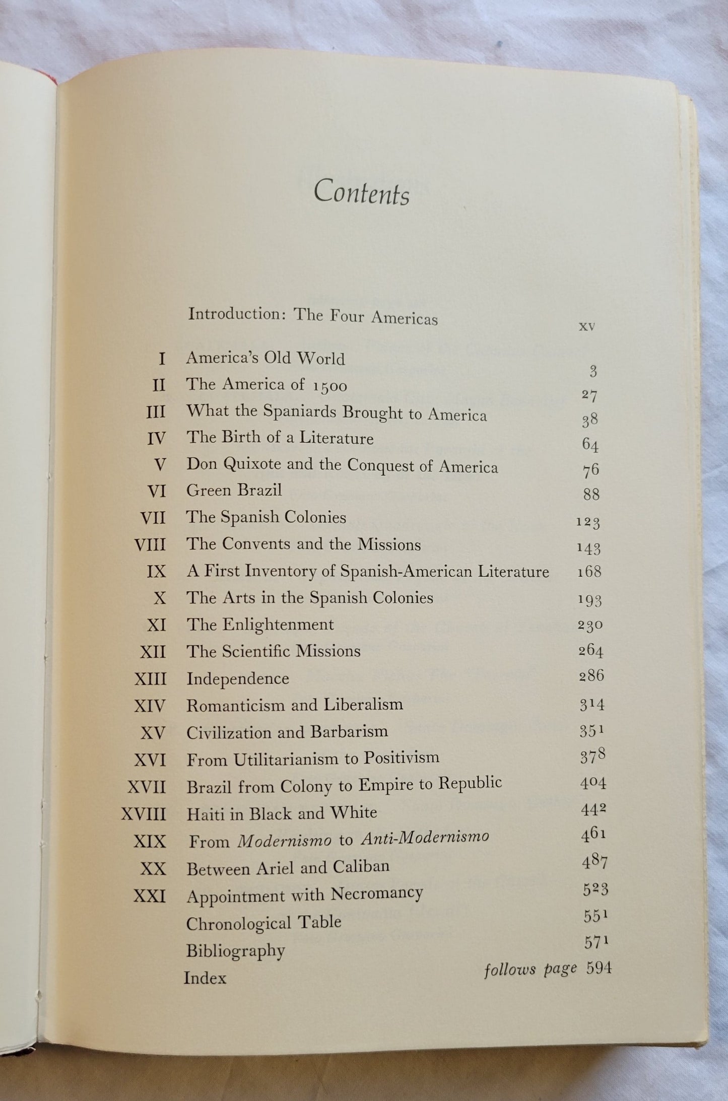 Vintage book for sale, “Latin America: A Cultural History, First American Edition” by German Arciniegas, published by Alfred A. Knopf, Inc., copyright 1966. View of table of contents