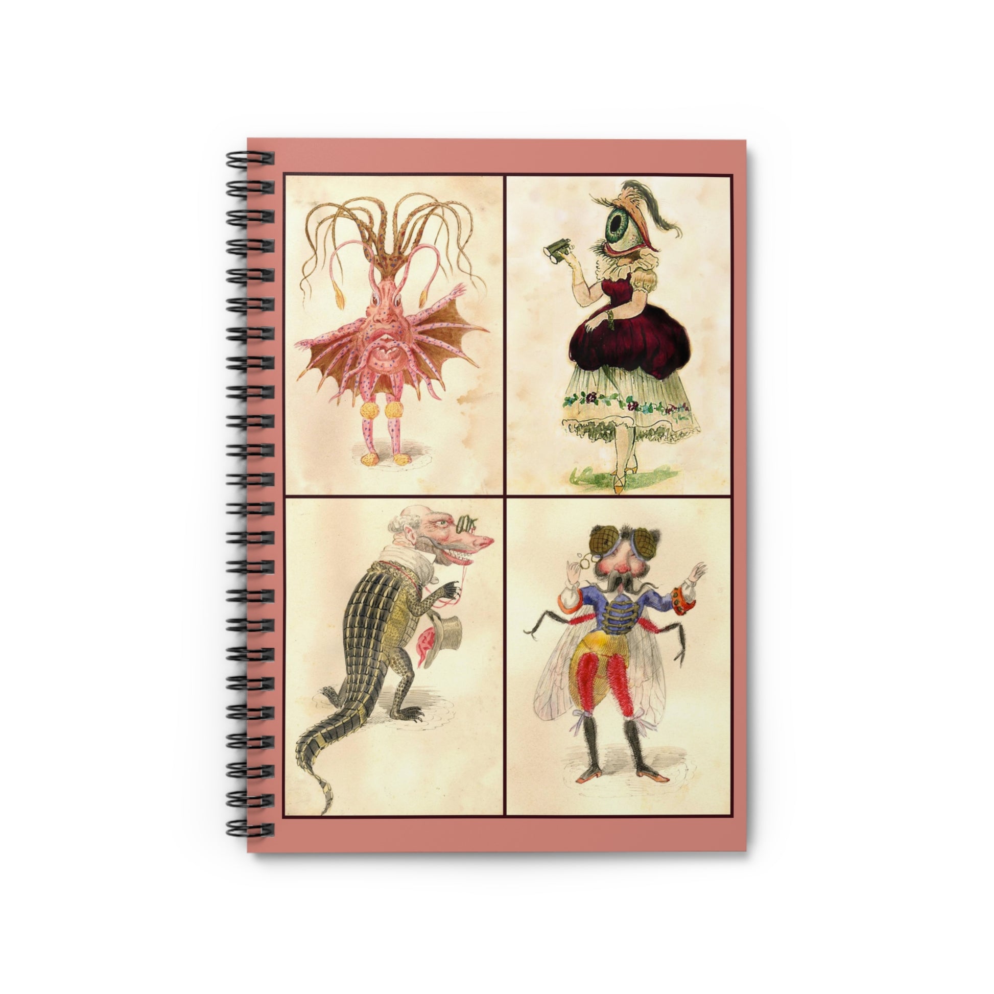 Front of notebook with four vintage Mardi Gras costume designs from the Krewe of Comus, pink border.