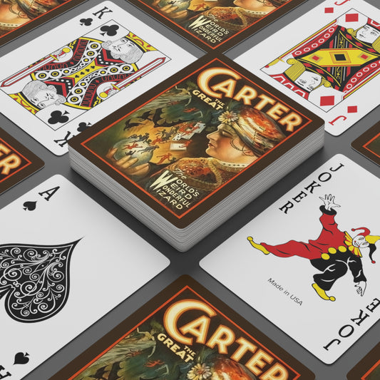 Playing cards, their backs designed with a vintage Vaudeville poster of Carter the Great, a magician.