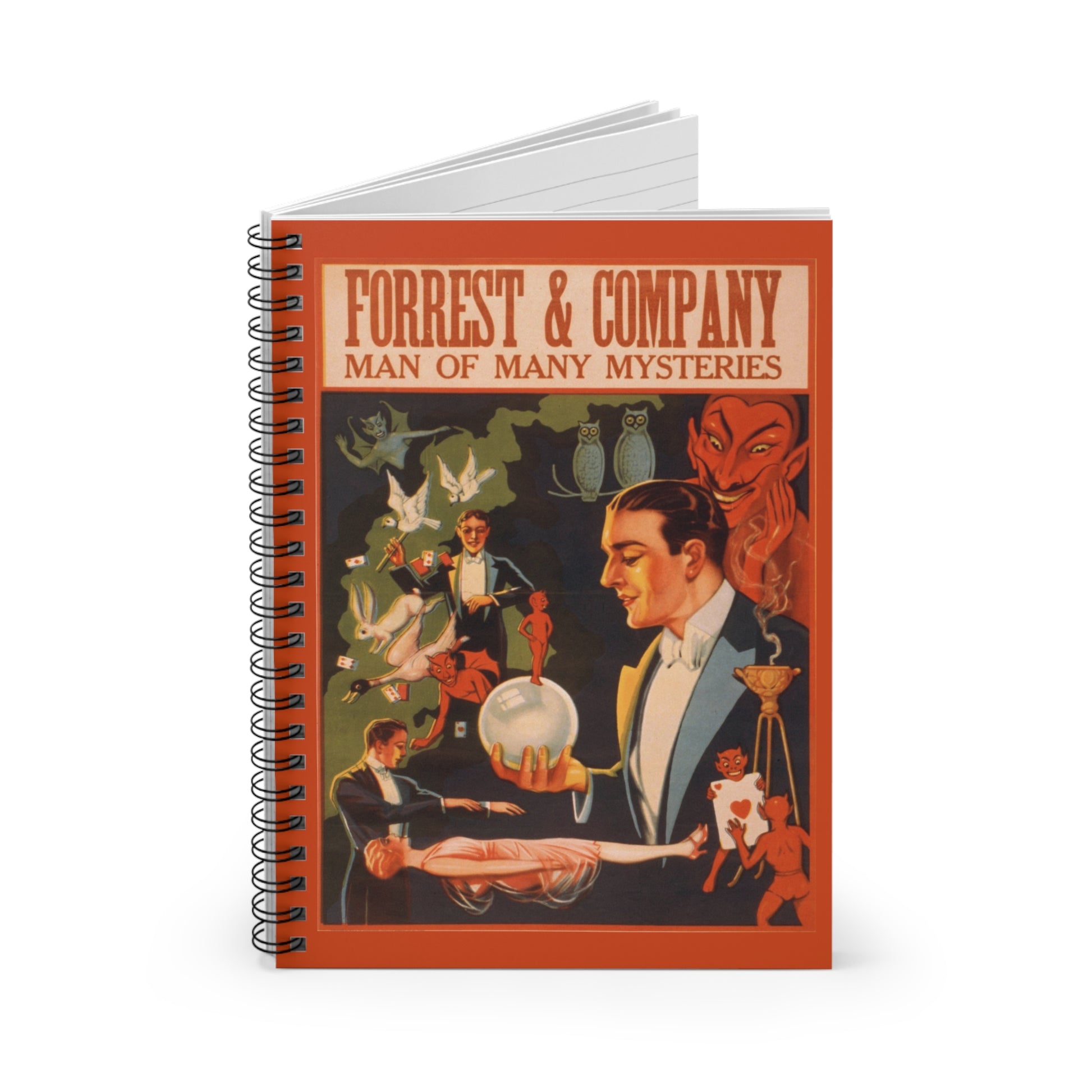 Spiral notebook with the front cover of a vintage poster of the Vaudeville entertainment Forrest & Company, Man of Many Mysteries.
