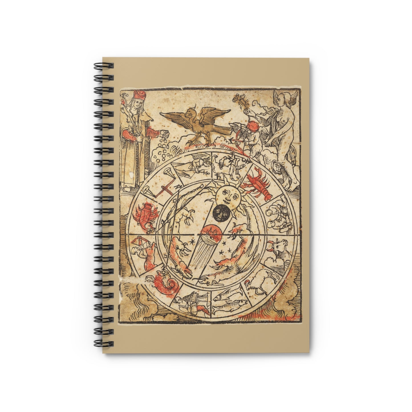 A spiral notebook with a really old manuscript page of the zodiac going around the earth, moon, and sun with figures above.