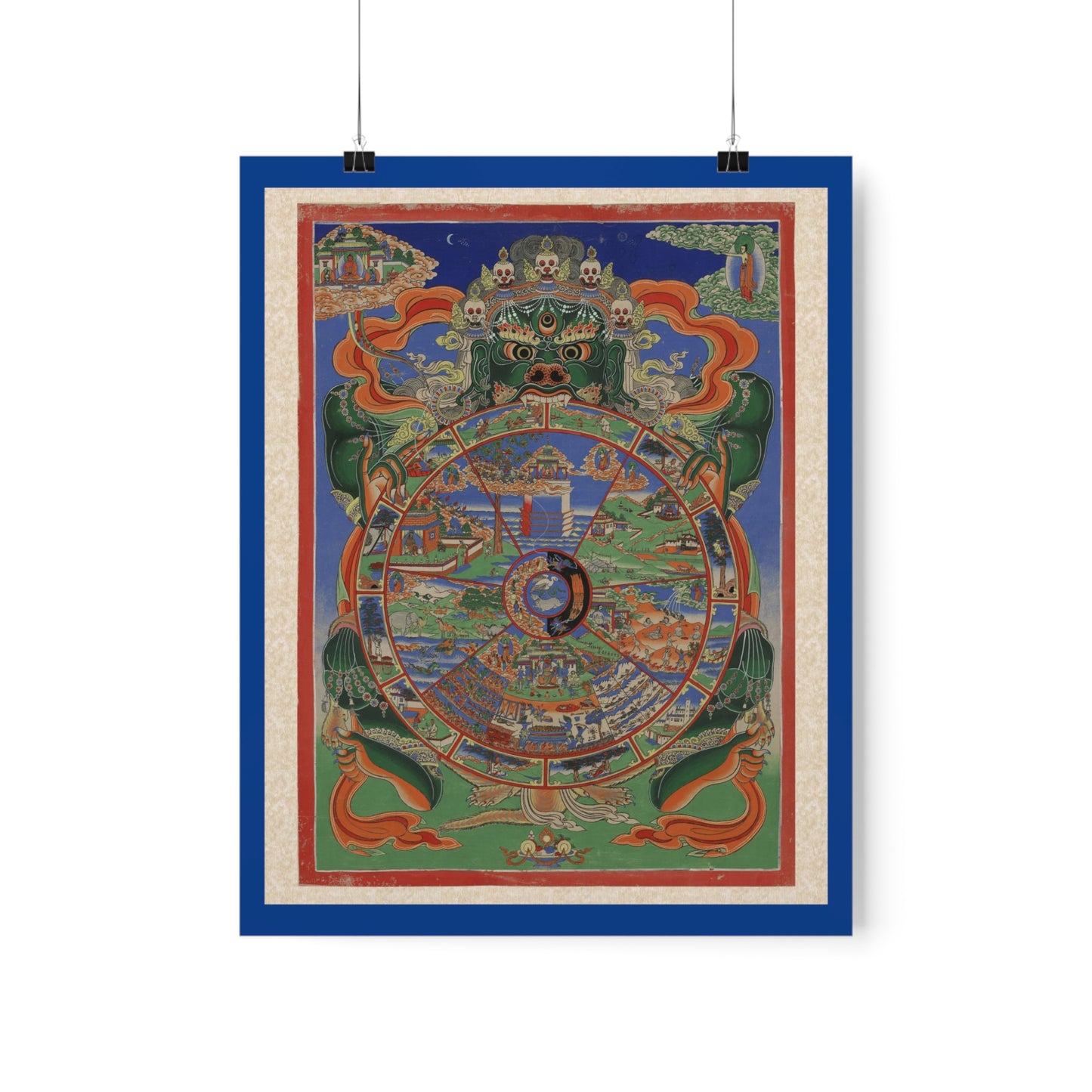A 20th century Tibetan Buddhist textile painting (thangka), featuring the 6 realms of existence, the 3 root poisons, and the 12 links of dependent origination.