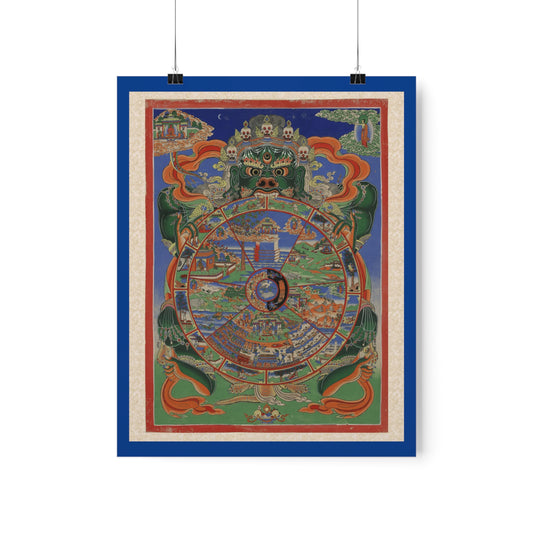 A 20th century Tibetan Buddhist textile painting (thangka), featuring the 6 realms of existence, the 3 root poisons, and the 12 links of dependent origination.