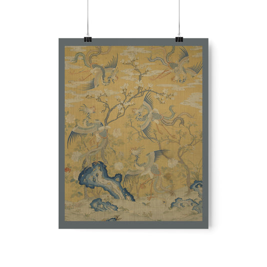 Large pictorial silk tapestries such as these were woven mostly in the imperial workshops in Suzhou, a textile center in southeast China. The background of bright yellow, a color exclusive to the emperor, further confirms the imperial origins. Five fenghuang birds, often translated as phoenixes. 