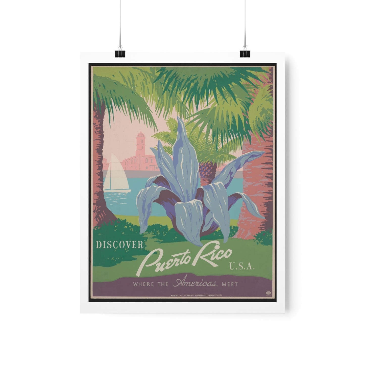 A vintage poster from between 1936 and 1940 promoting tourism to Puerto Rico, created for the Works Project Administration. Poster is primarily pastel blue, pink, greens, and dark purples and is a scene of palm trees in front of water with a large tropical plant and a sailboat in background.