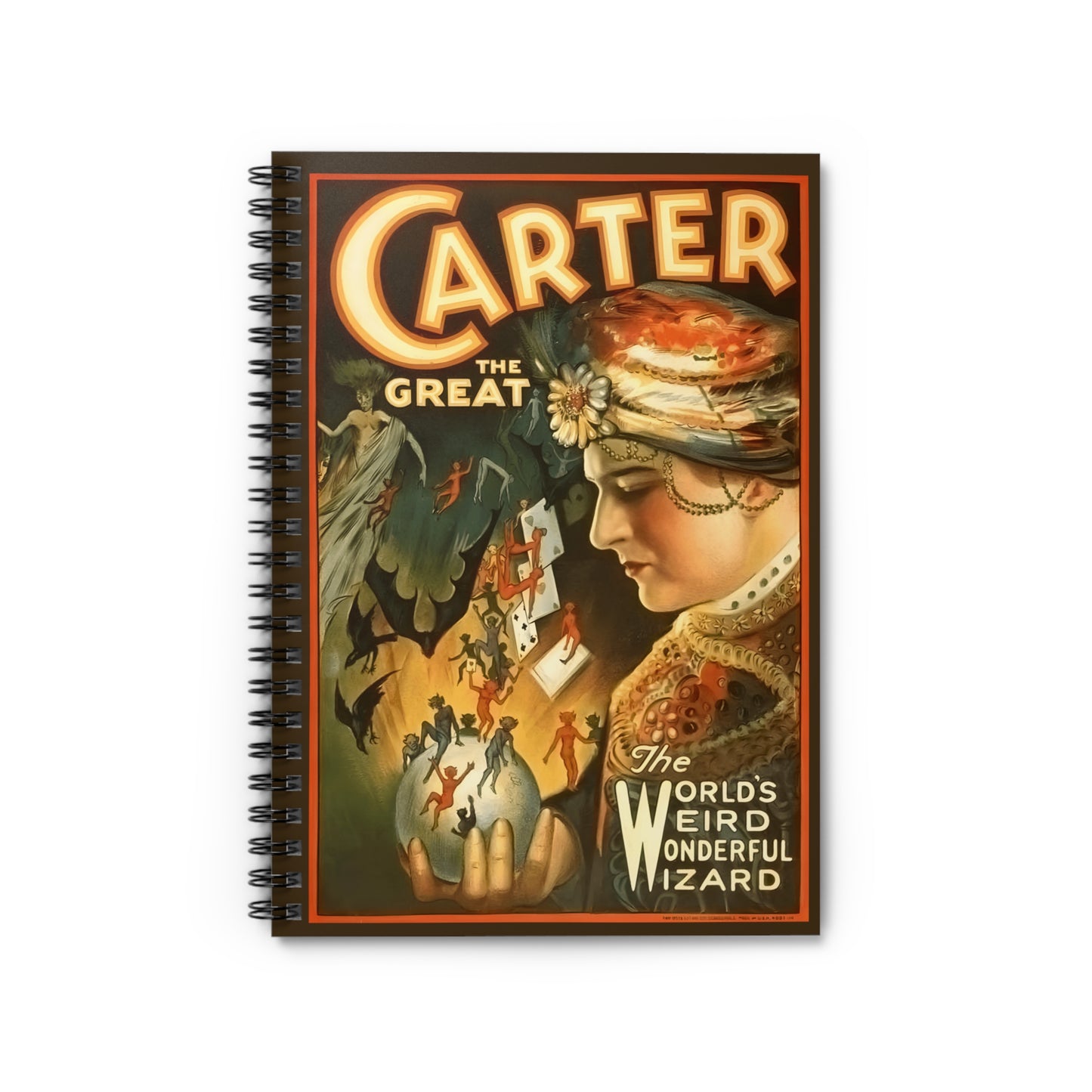 Spiral notebook for sale with a vintage poster of the Vaudeville era entertainer Carter the Great, the World's Weird Wonderful Wizard.