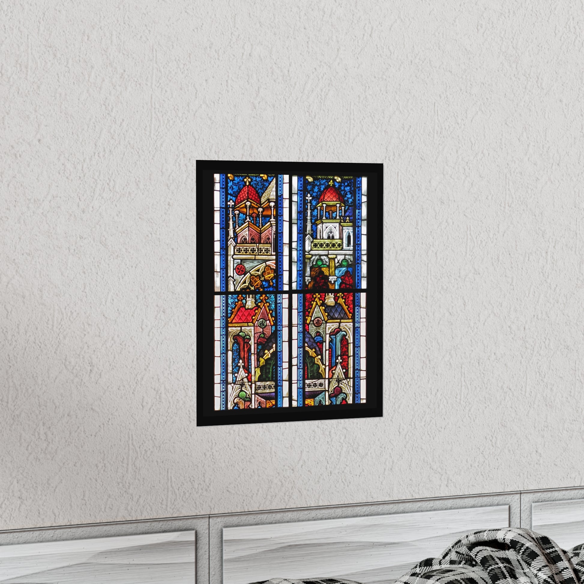 Vintage print poster.  These stained glass panels are from the castle chapel (the Schlosskapelle) at Ebreichsdorf, south of Vienna. They were constructed around 1390 AD, out of pot-metal, colored glass, vitreous paint, and silver stain.