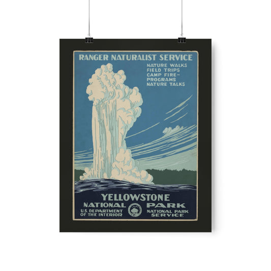 A vintage poster from the National Park Service showing an illustration of the geyser Old Faithful of Yellowstone National Park.