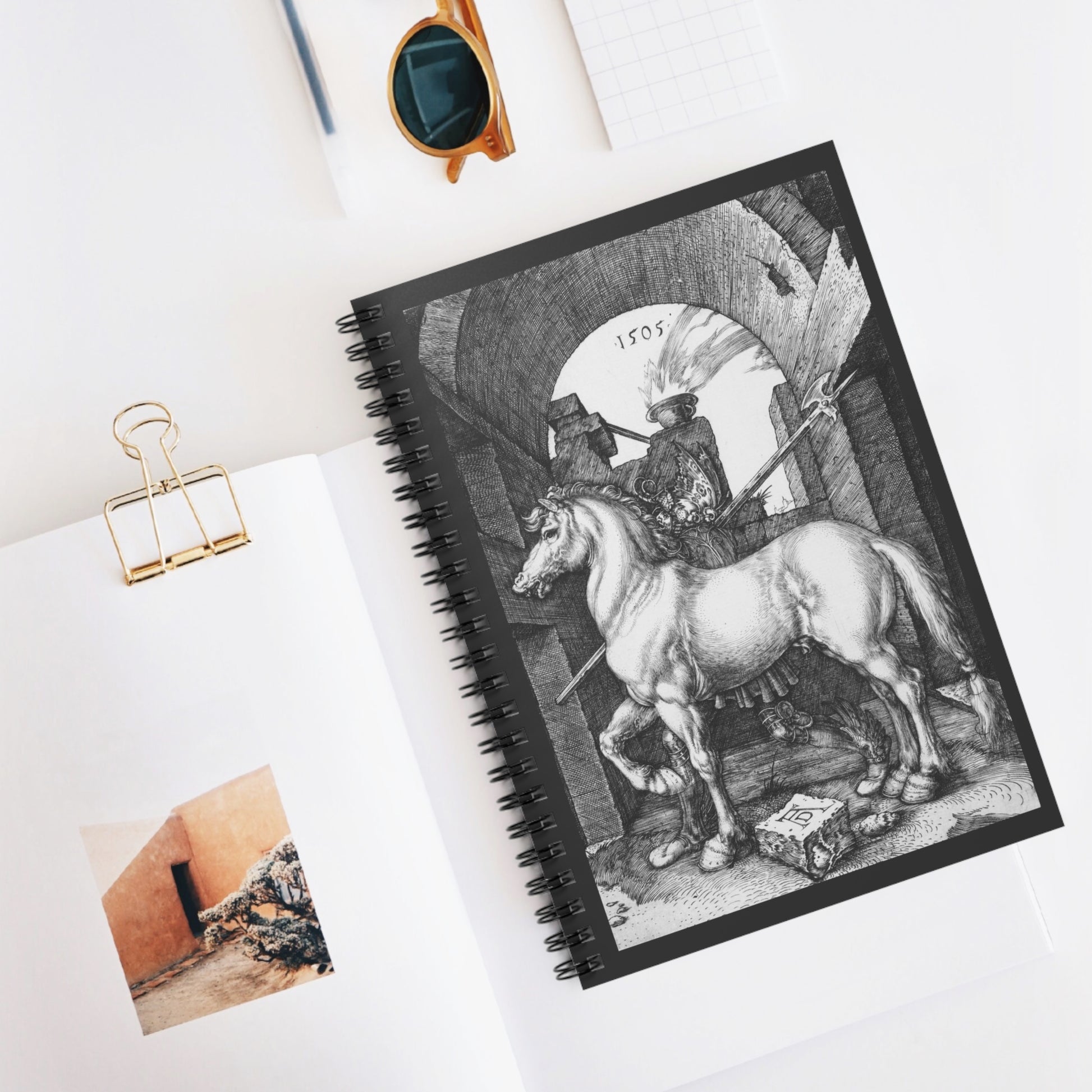 Spiral notebook with Albrecht Durer's 1505 engraving "The Little Horse" on the front.