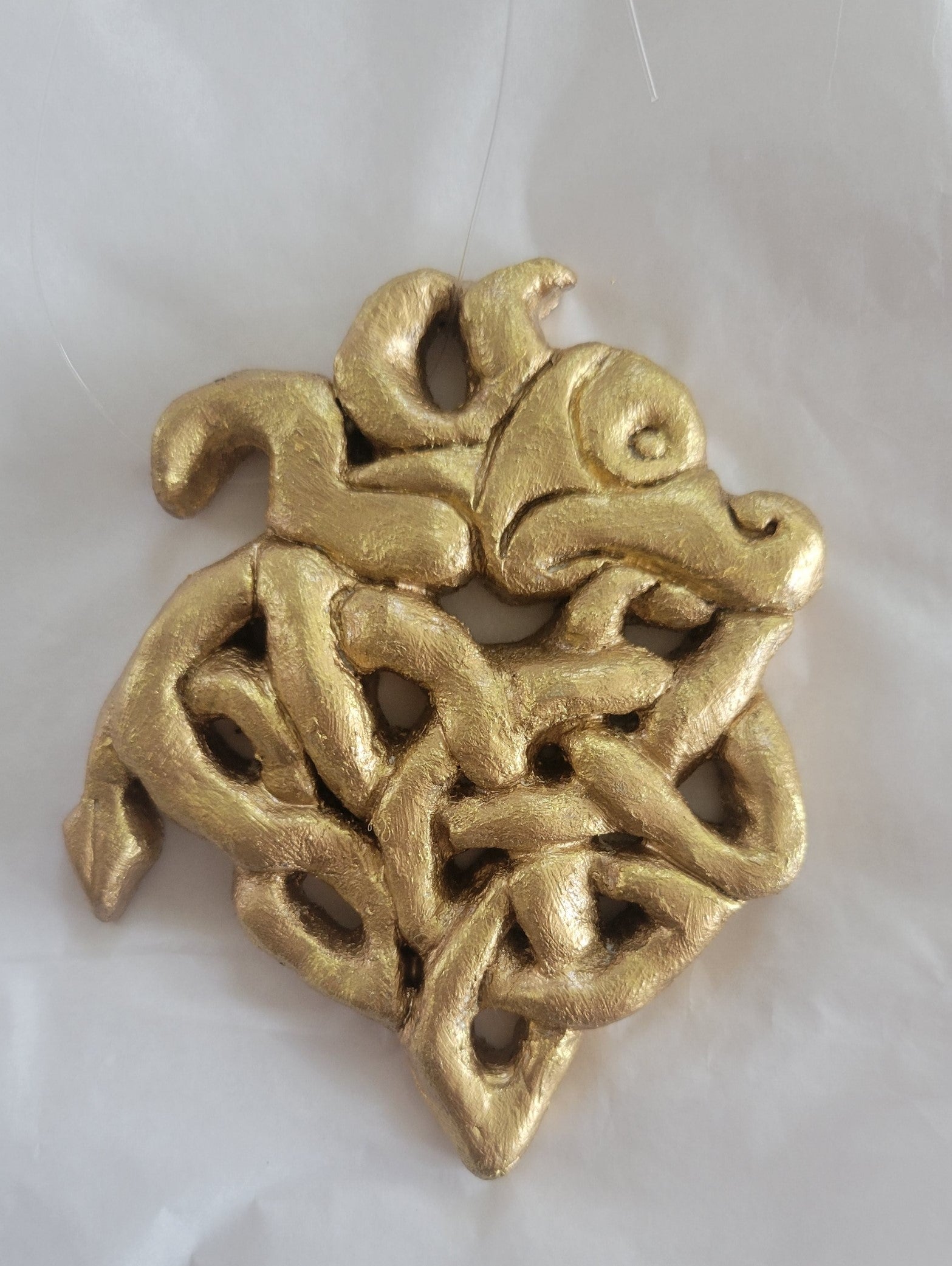 Handmade hanging ornament, Celtic dragon, golden. Gifts for history lovers.  Irish decor.