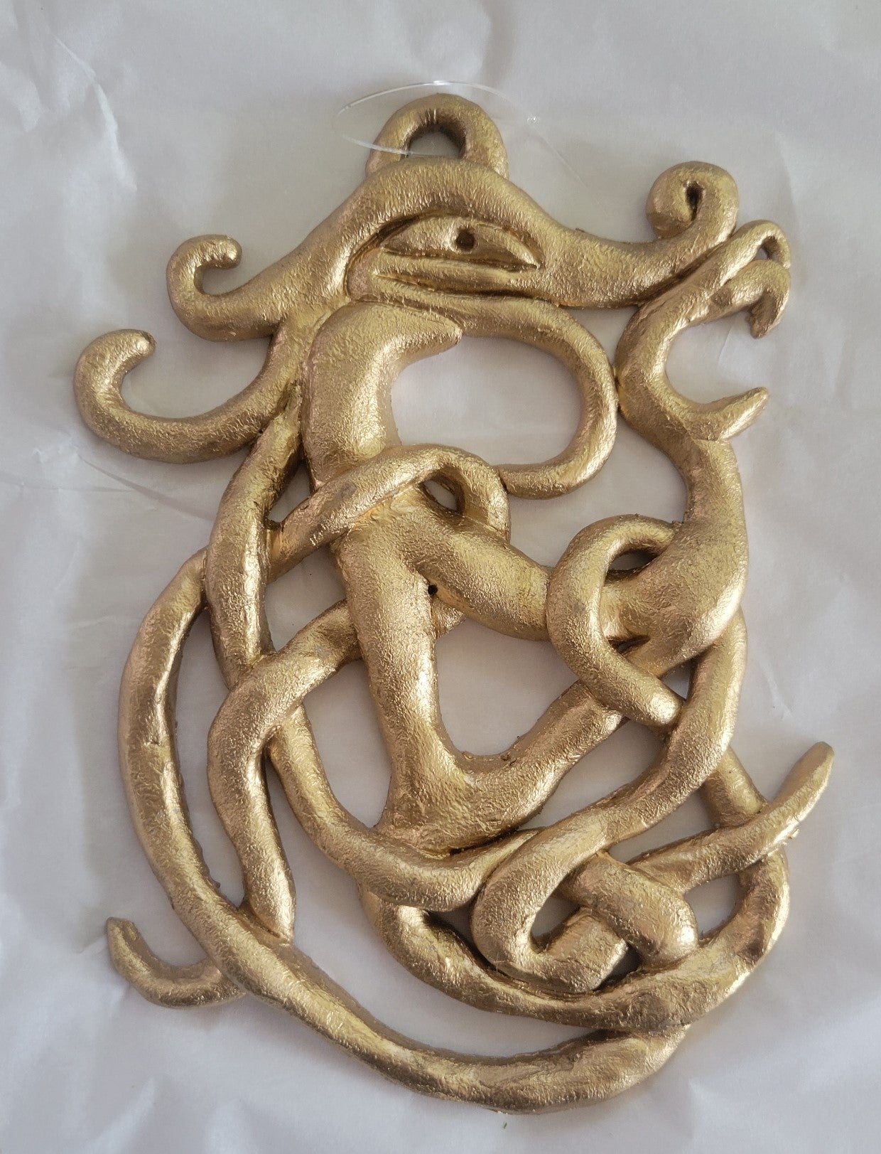 Handmade Celtic hanging ornament, dragon with Celtic knot.  Gifts for history lovers.