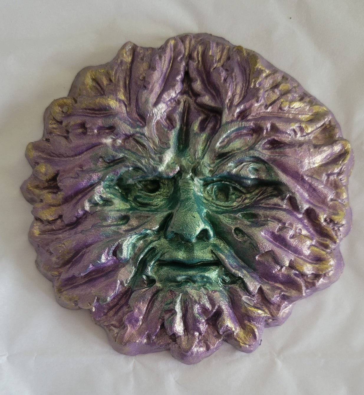 Greenman decoration, Medieval architecture, gifts for history lovers, handmade. Metallic green & purple