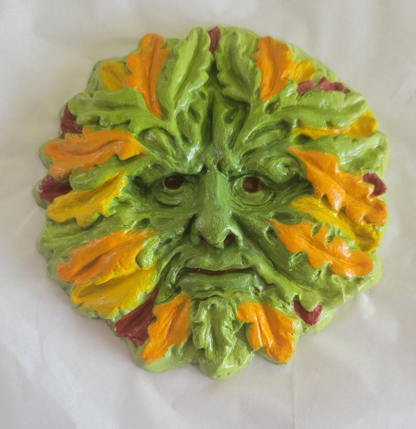 Greenman decoration, Medieval architecture, gifts for history lovers, handmade. Green with autumn leaves