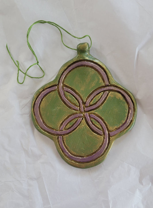 Handmade green hanging ornament with four intertwining metallic purple circles and gold highlights. Beautiful Christmas decoration.  Handmade out of clay. Gifts for history lovers.
