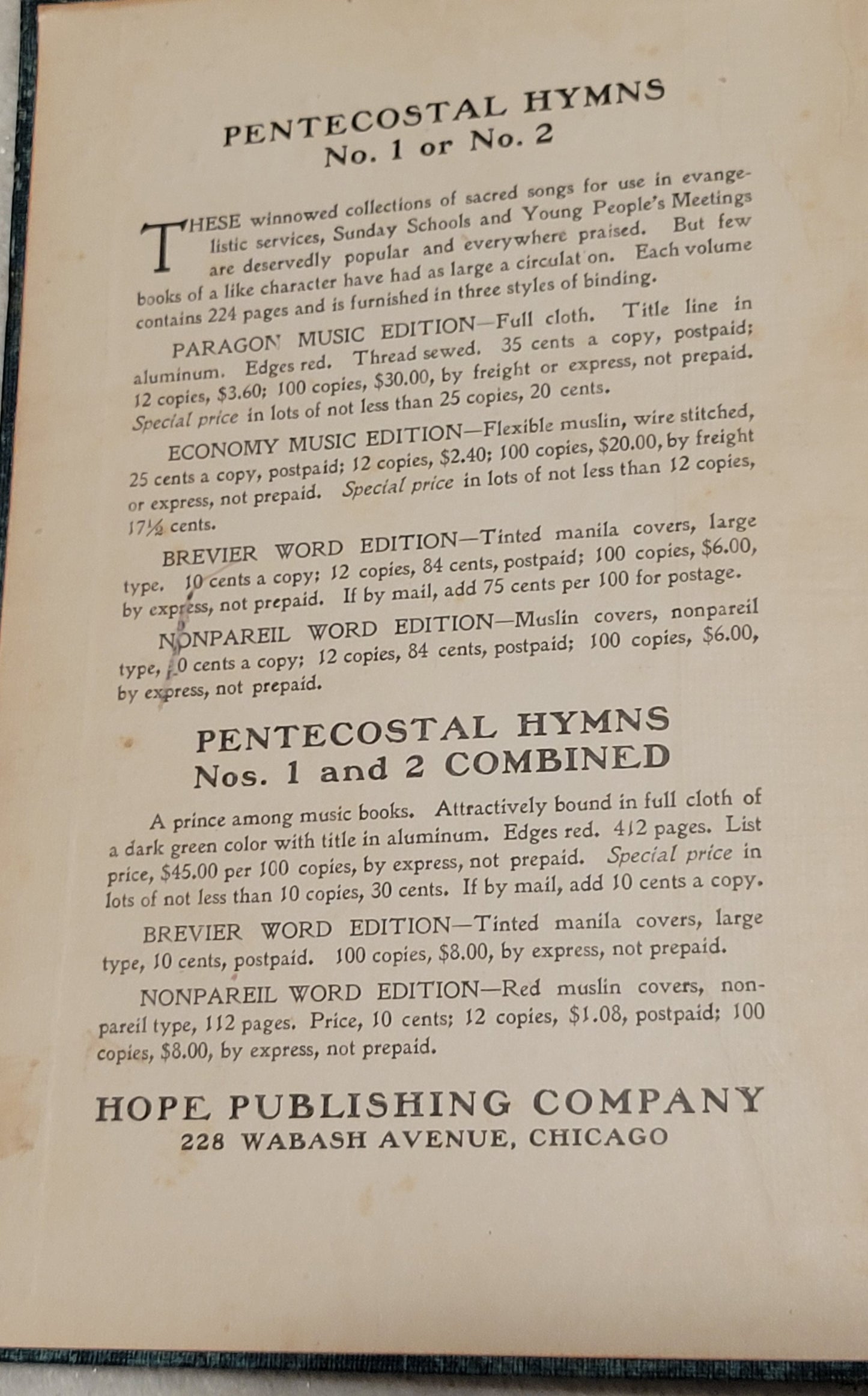 Vintage book for sale, Pentecostal hymns, published by Hope Publishing Company in Chicago. View of title page.
