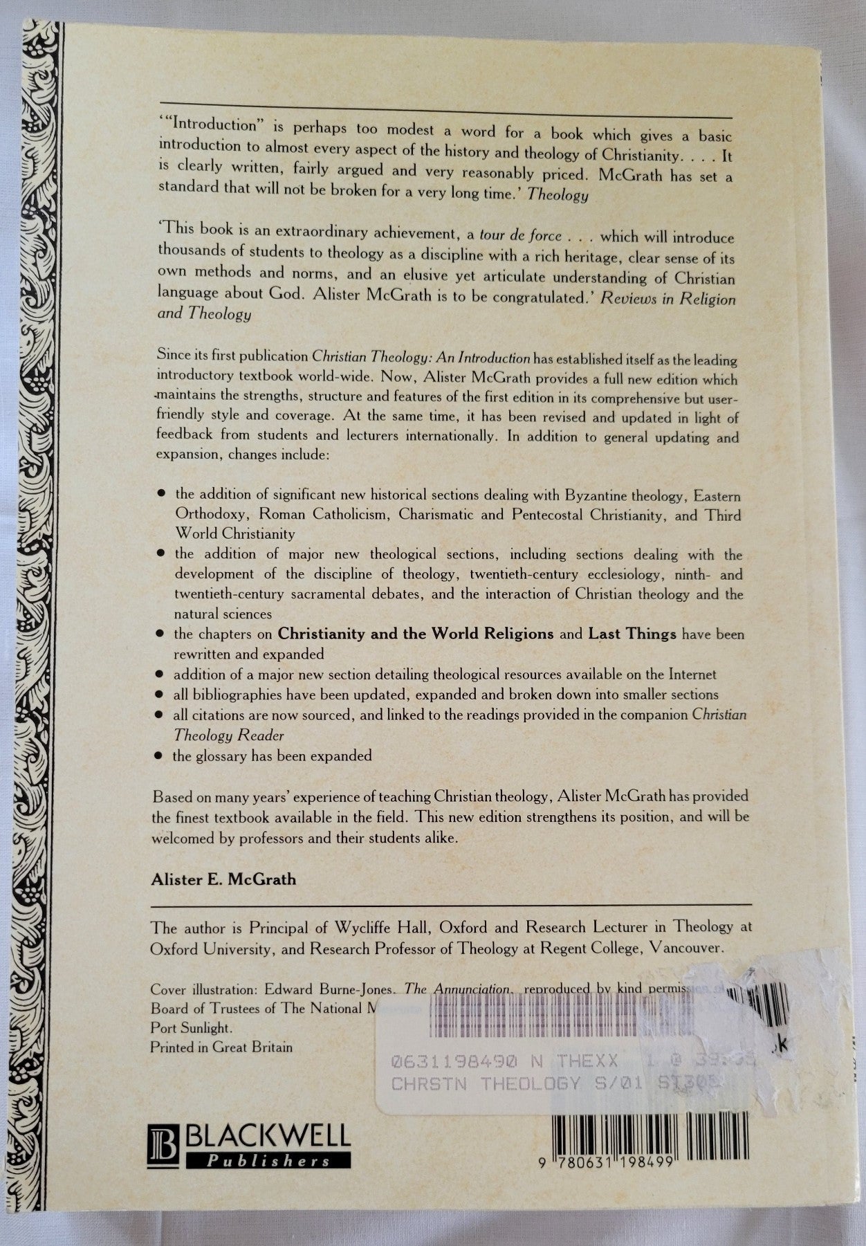 Used book. Christian Theology: An Introduction, Second Edition written by Alister McGrath, published by Blackwell Publishers. View of back cover.