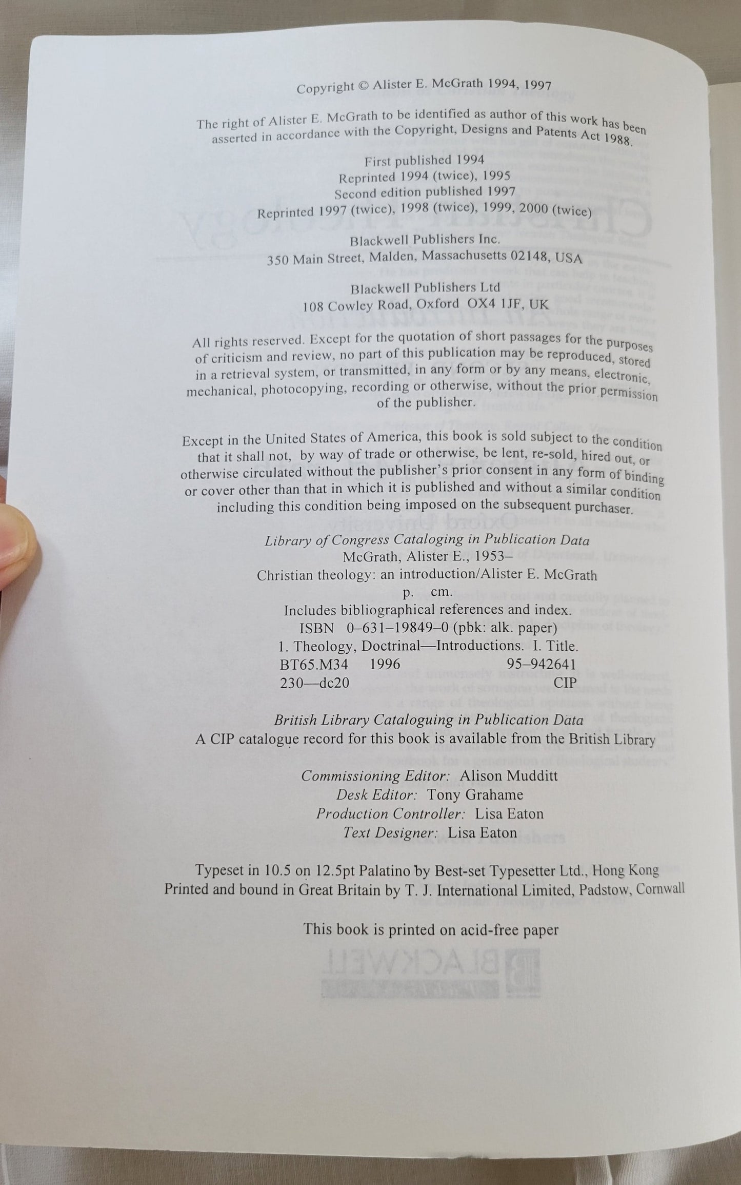 Used book. Christian Theology: An Introduction, Second Edition written by Alister McGrath, published by Blackwell Publishers.  View of copyright info.