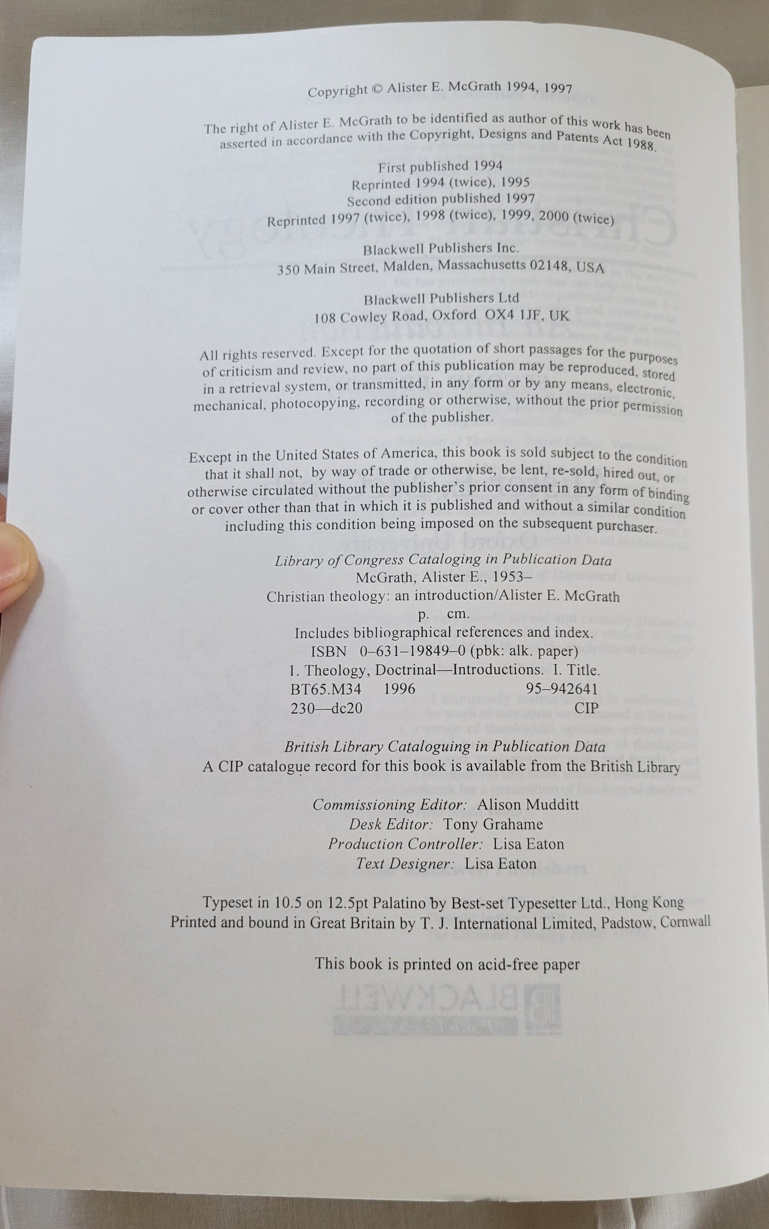 Used book. Christian Theology: An Introduction, Second Edition written by Alister McGrath, published by Blackwell Publishers.  View of copyright info.