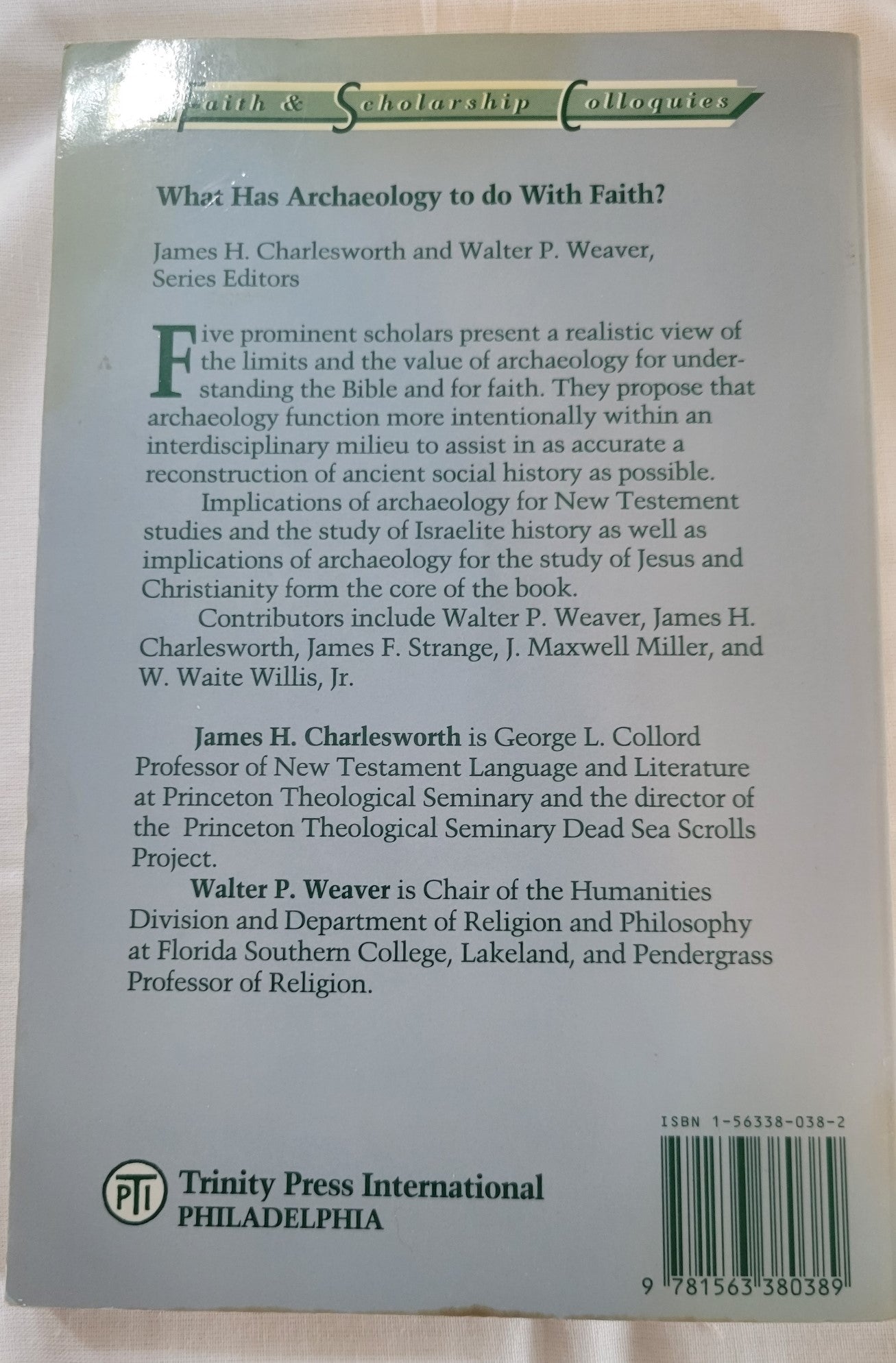 Used book for sale “What Has Archaeology to do with Faith?” edited by James H. Charlesworth and Walter P. Weaver. Back cover.