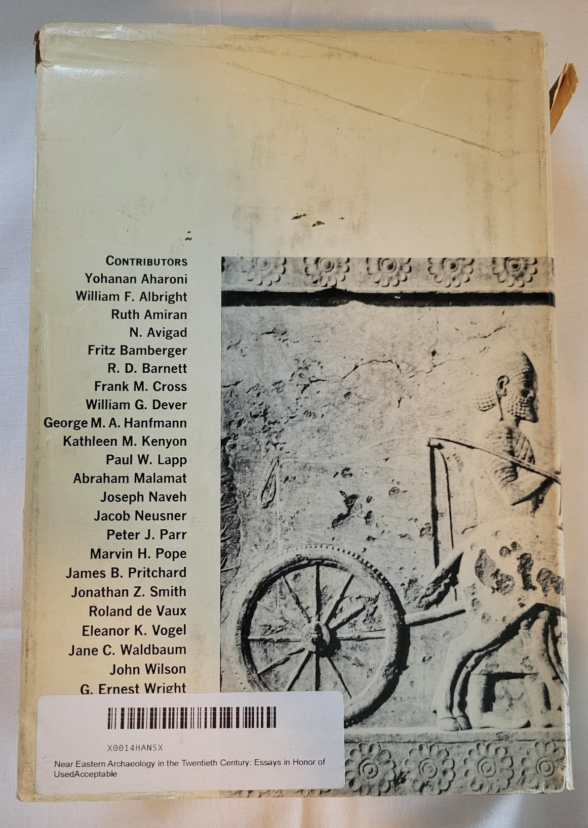 Used book for sale, “Near Eastern Archaeology in the Twentieth Century” edited by James A. Sanders, written in honor of Nelson Glueck. View of back cover.