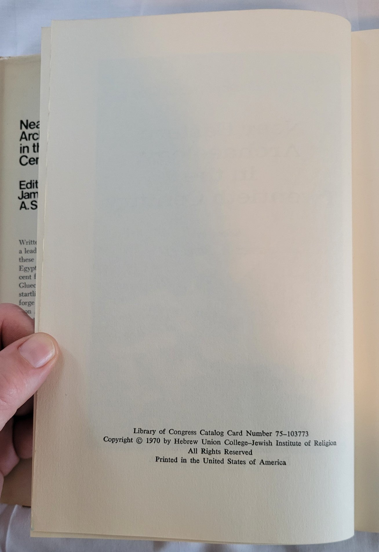 Used book for sale, “Near Eastern Archaeology in the Twentieth Century” edited by James A. Sanders, written in honor of Nelson Glueck. View of copyright info.