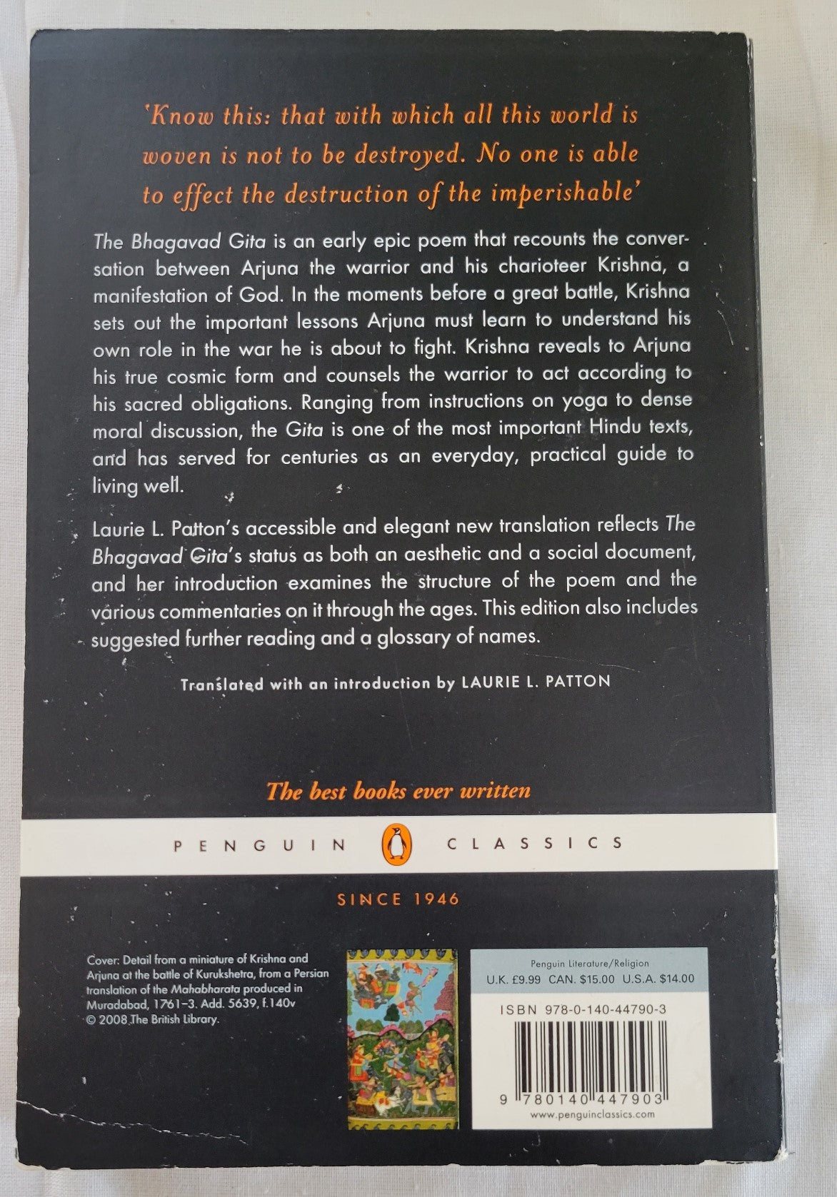 Used book for sale “The Bhagavad Gita” Hindu epic translated by Laurie L. Patton. Back cover.
