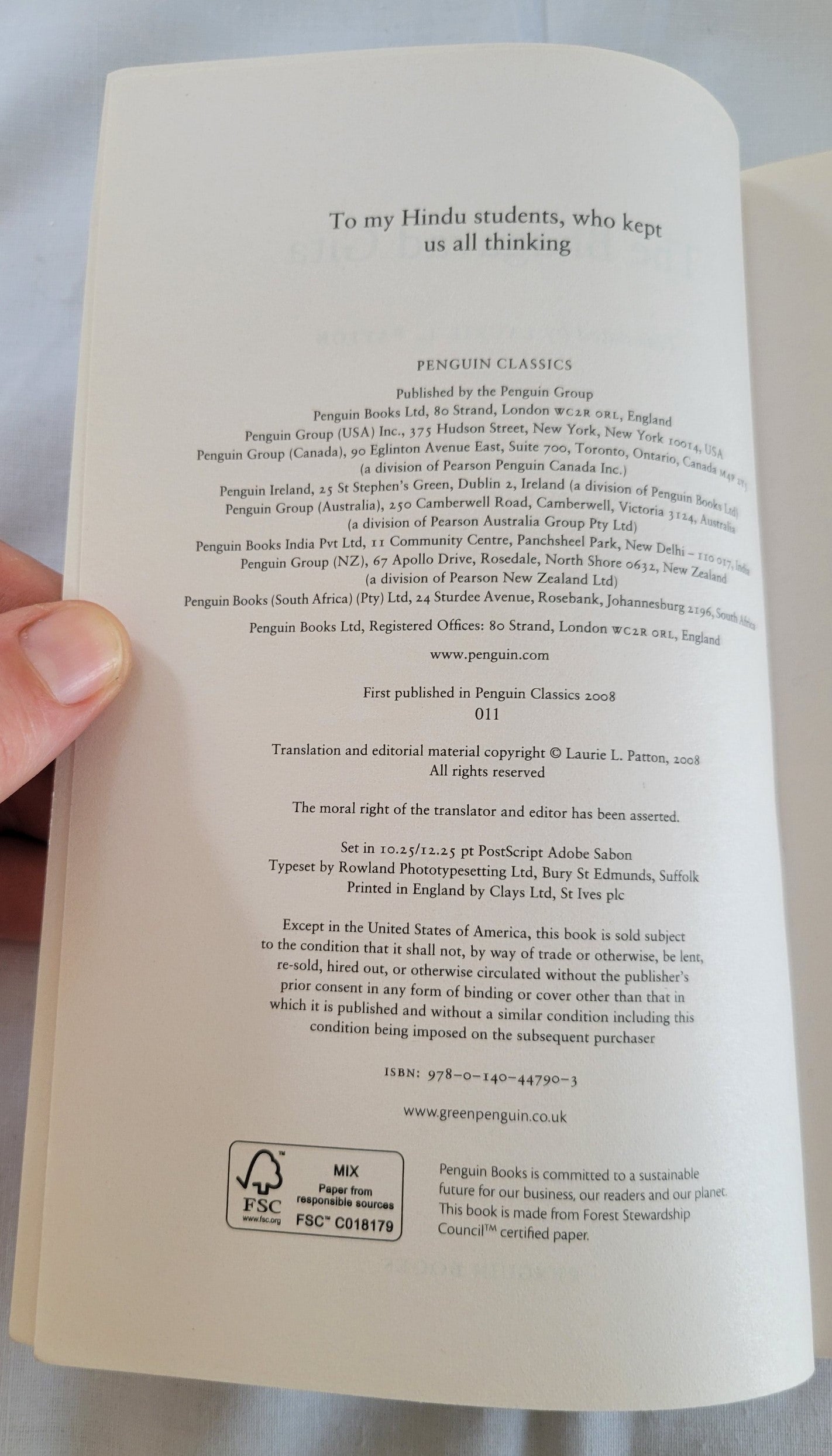 Used book for sale “The Bhagavad Gita” Hindu epic translated by Laurie L. Patton. Copyright info.