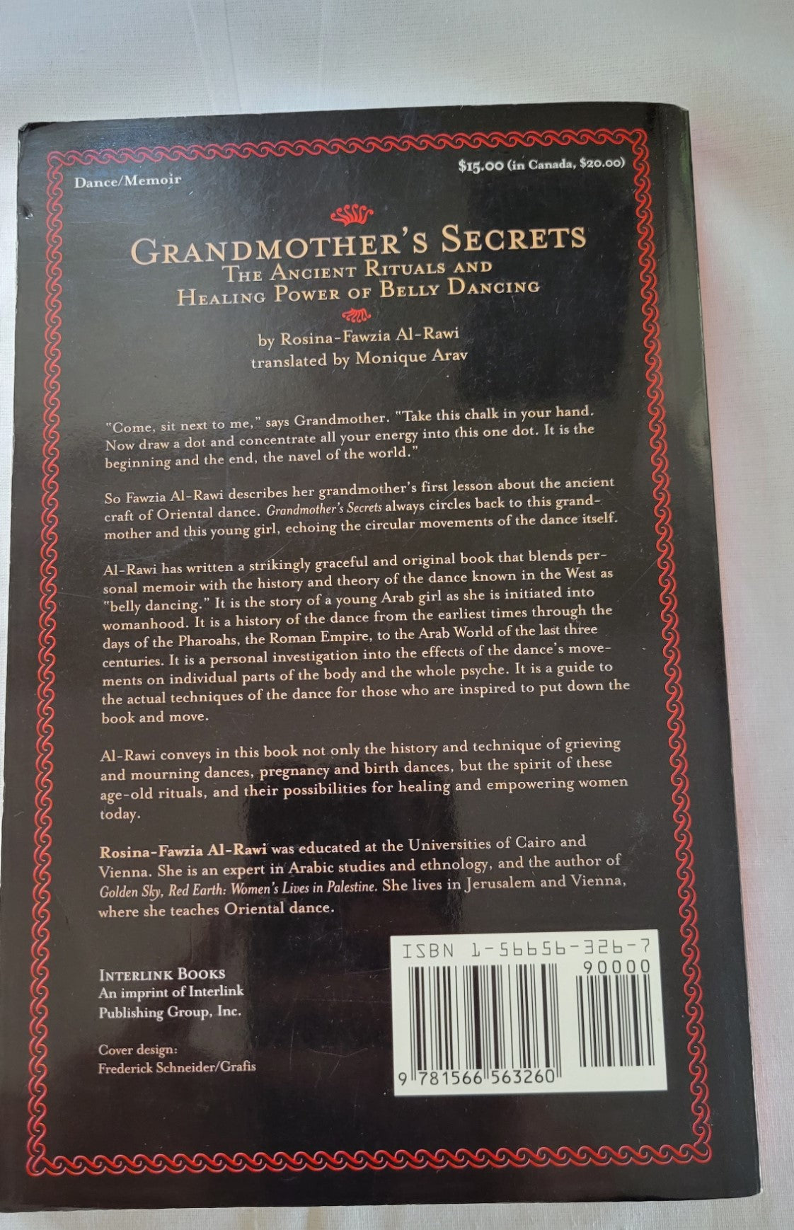 Used book for sale “Grandmother's Secrets: The Ancient Rituals and Healing Power of Belly Dancing” written by Rosina-Fawzia Al-Rawi, translated by Monique Arav.  View of back cover.