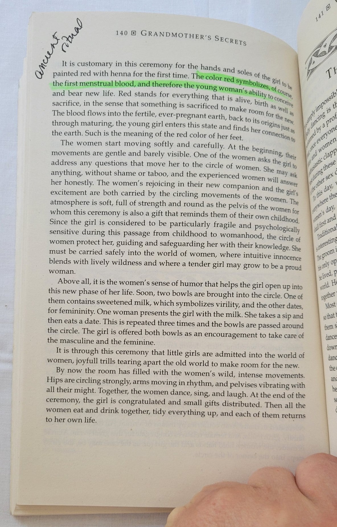 Used book for sale “Grandmother's Secrets: The Ancient Rituals and Healing Power of Belly Dancing” written by Rosina-Fawzia Al-Rawi, translated by Monique Arav.  View of page 140 with note and hightlight.