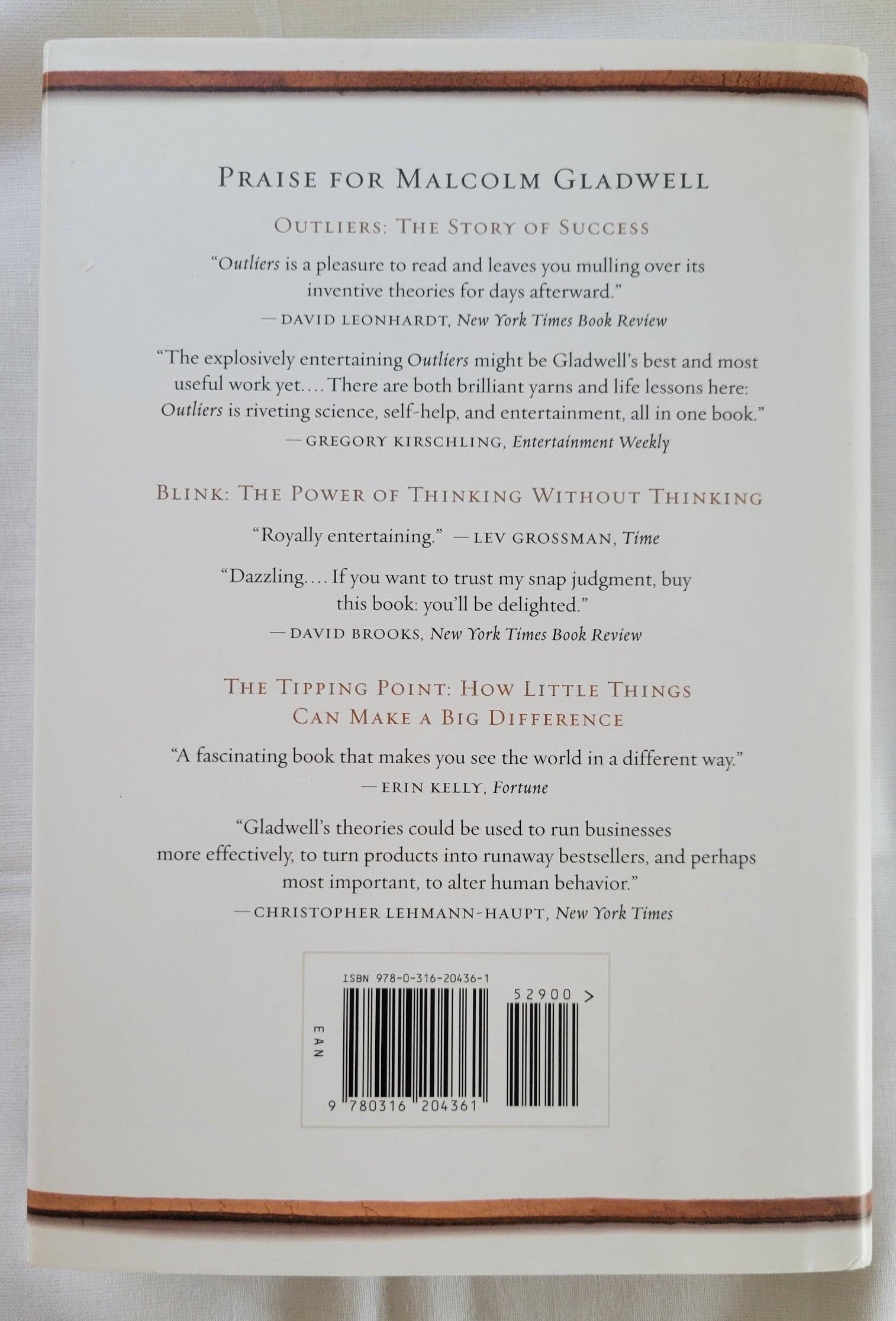 Used book David and Goliath: Underdogs, Misfits, and the Art of Battling Giants, written by Malcolm Gladwell.  View of back cover.
