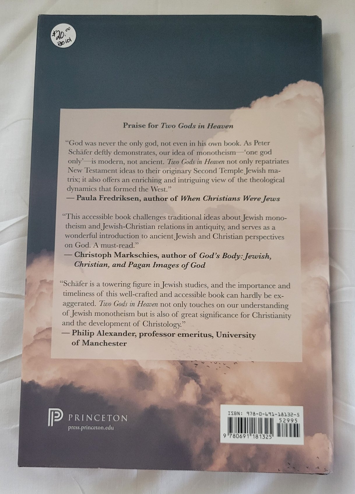 Used book for sale “Two Gods in Heaven: Jewish Concepts of God in Antiquity” written by Peter Schäfer. Back cover.