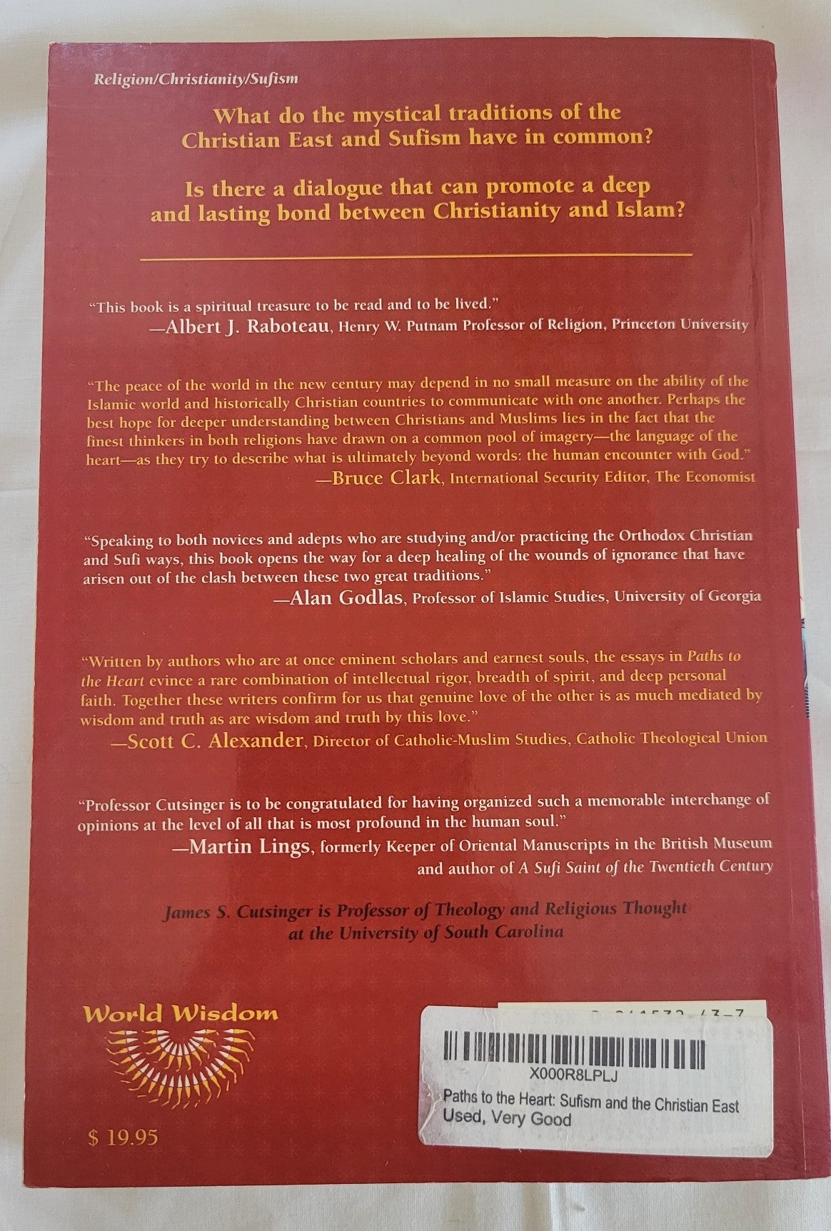 Used book for sale, " Paths to the Heart: Sufism and the Christian East” edited by James S. Cutsinger. View of back cover.
