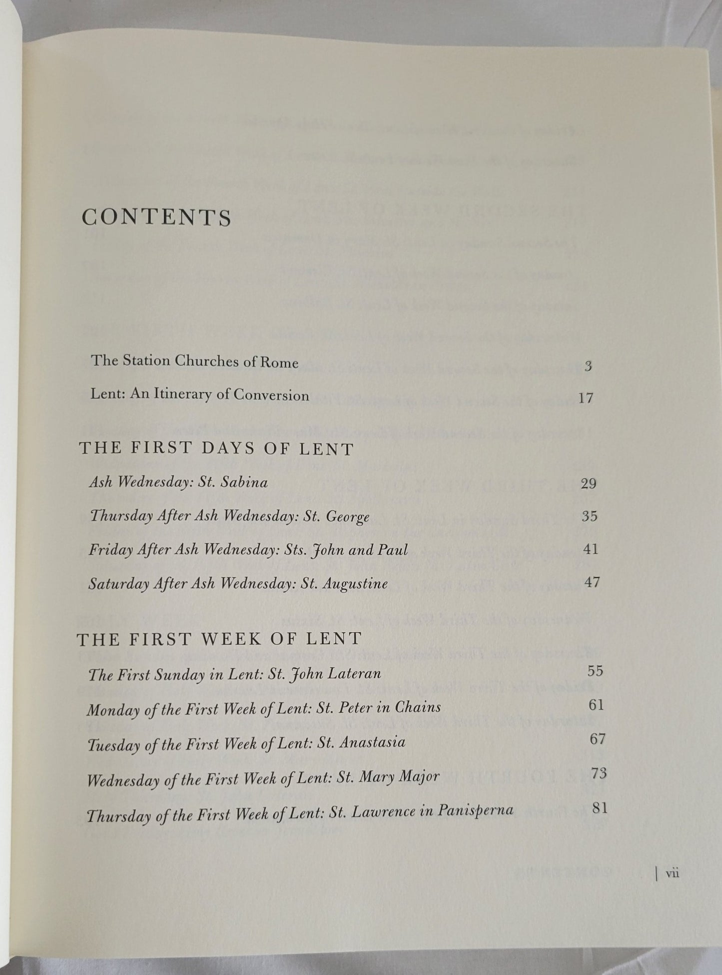 Used book for sale “Roman Pilgrimage: The Station Churches” by George Weigel with Elizabeth Lev and Stephen Weigel.  View of table of contents.