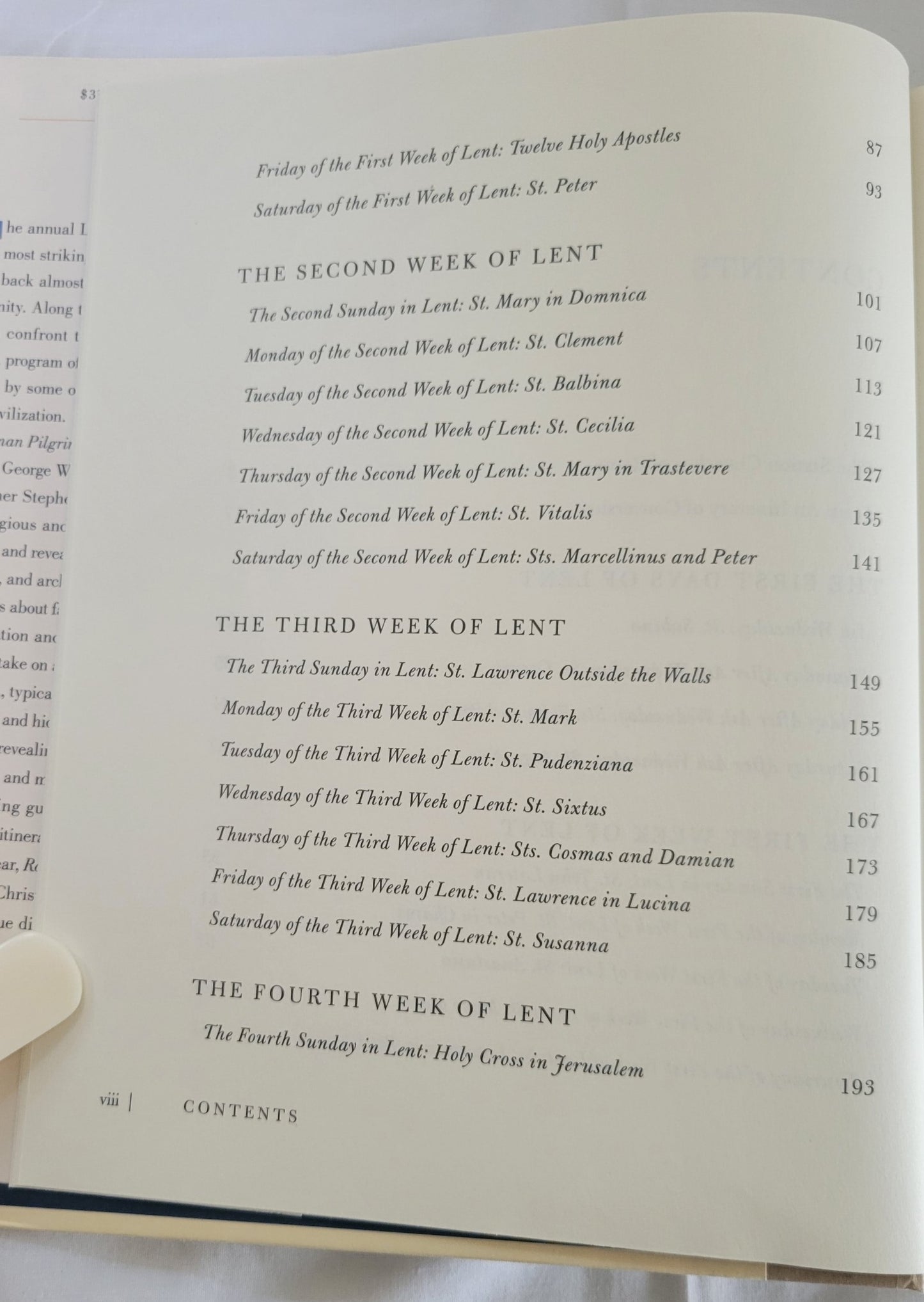 Used book for sale “Roman Pilgrimage: The Station Churches” by George Weigel with Elizabeth Lev and Stephen Weigel. View of table of contents.