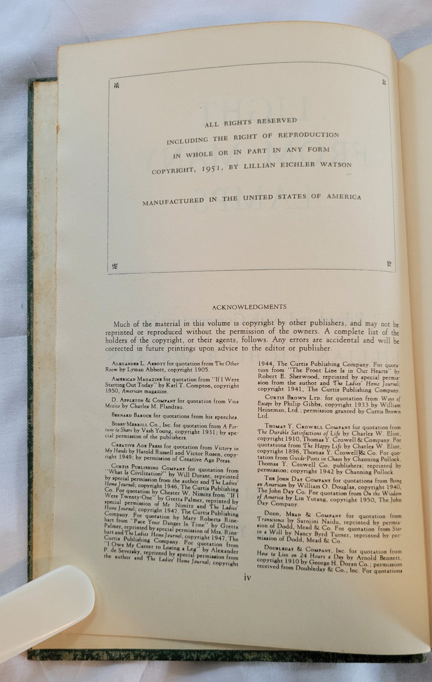 Vintage book for sale, “Light from Many Lamps” edited by Lillian Eichler Watson, 1951, a storehouse of inspired and inspiring reading, it is a collection of brief, stimulating biographies as well.  View of copyright info.