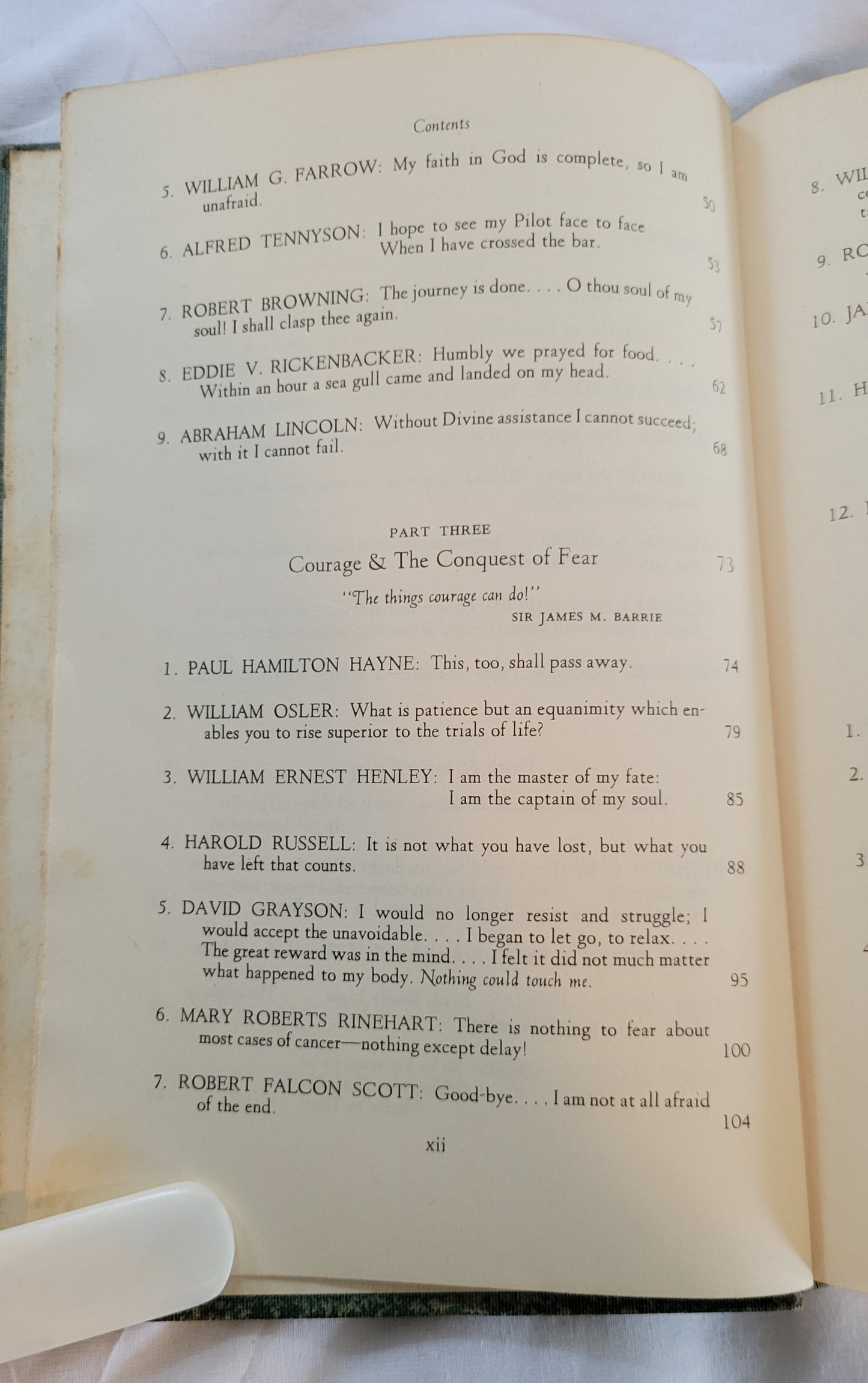 Vintage book for sale, “Light from Many Lamps” edited by Lillian Eichler Watson, 1951, a storehouse of inspired and inspiring reading, it is a collection of brief, stimulating biographies as well.  View of table of contents.