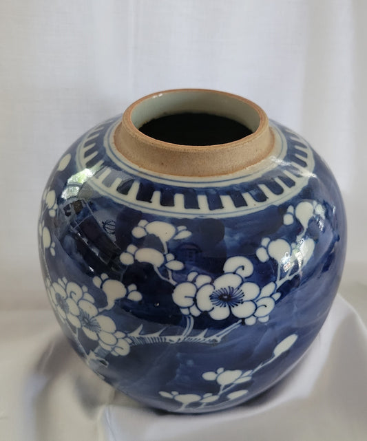 Antique Oriental Ginger Jar with Prunus Flowers, white and blue