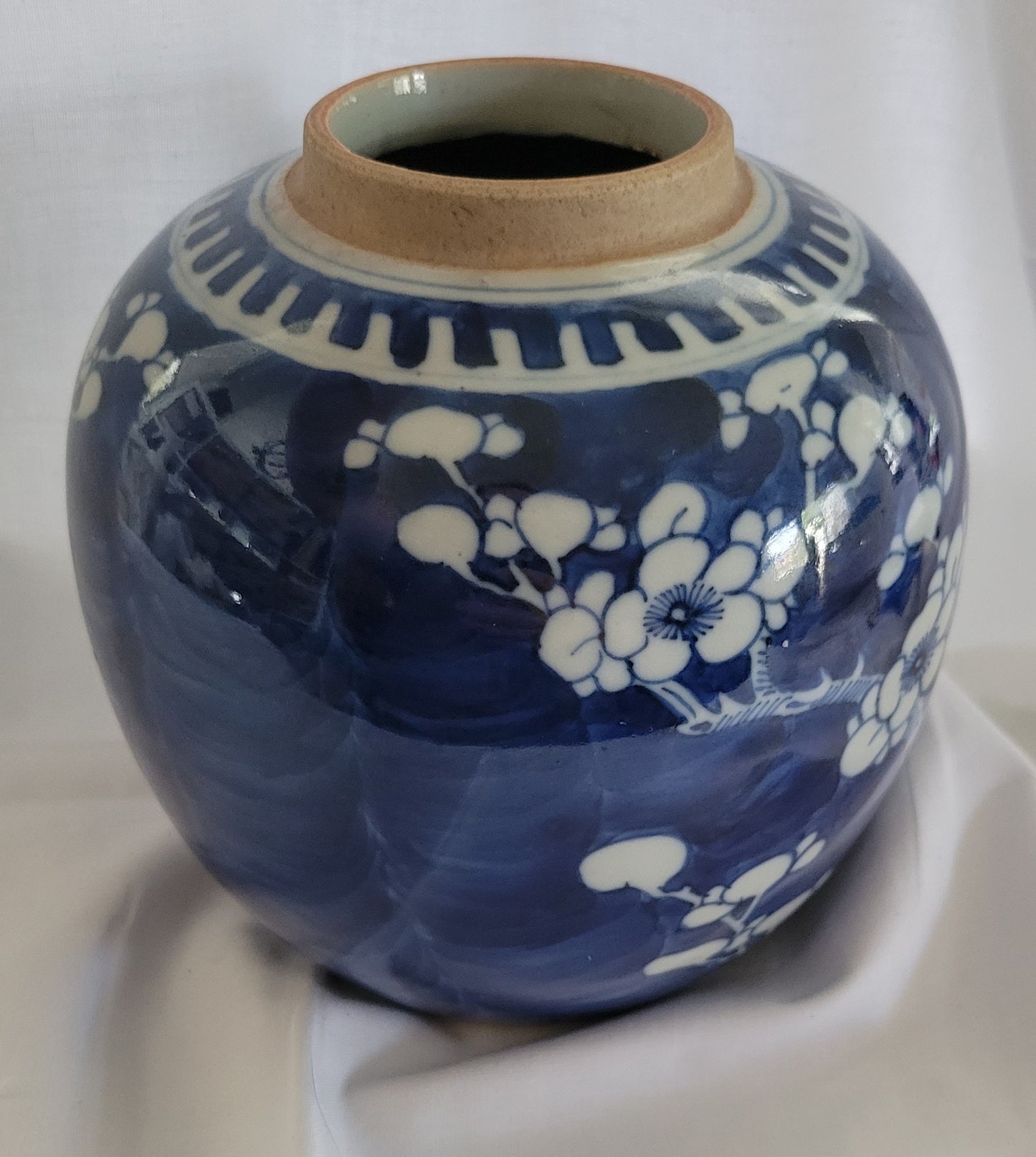 Antique Oriental Ginger Jar with Prunus Flowers, white and blue