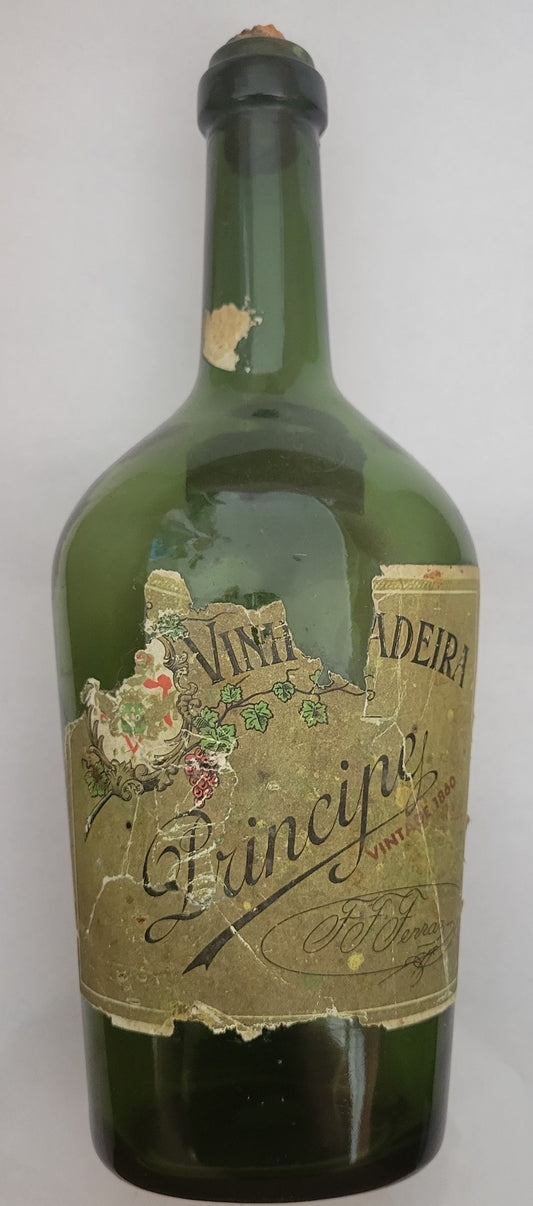 Antique Vinho Madeira Principe Wine Bottle by F. F. Ferraz & Co. from Portugal. Front cover.