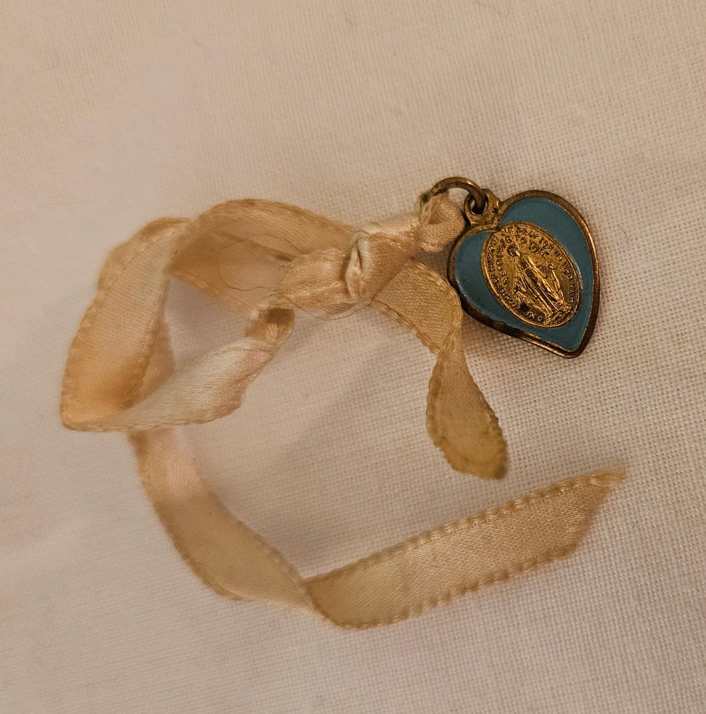 Vintage Catholic Heart Gold Pendant with Blue Enamel
